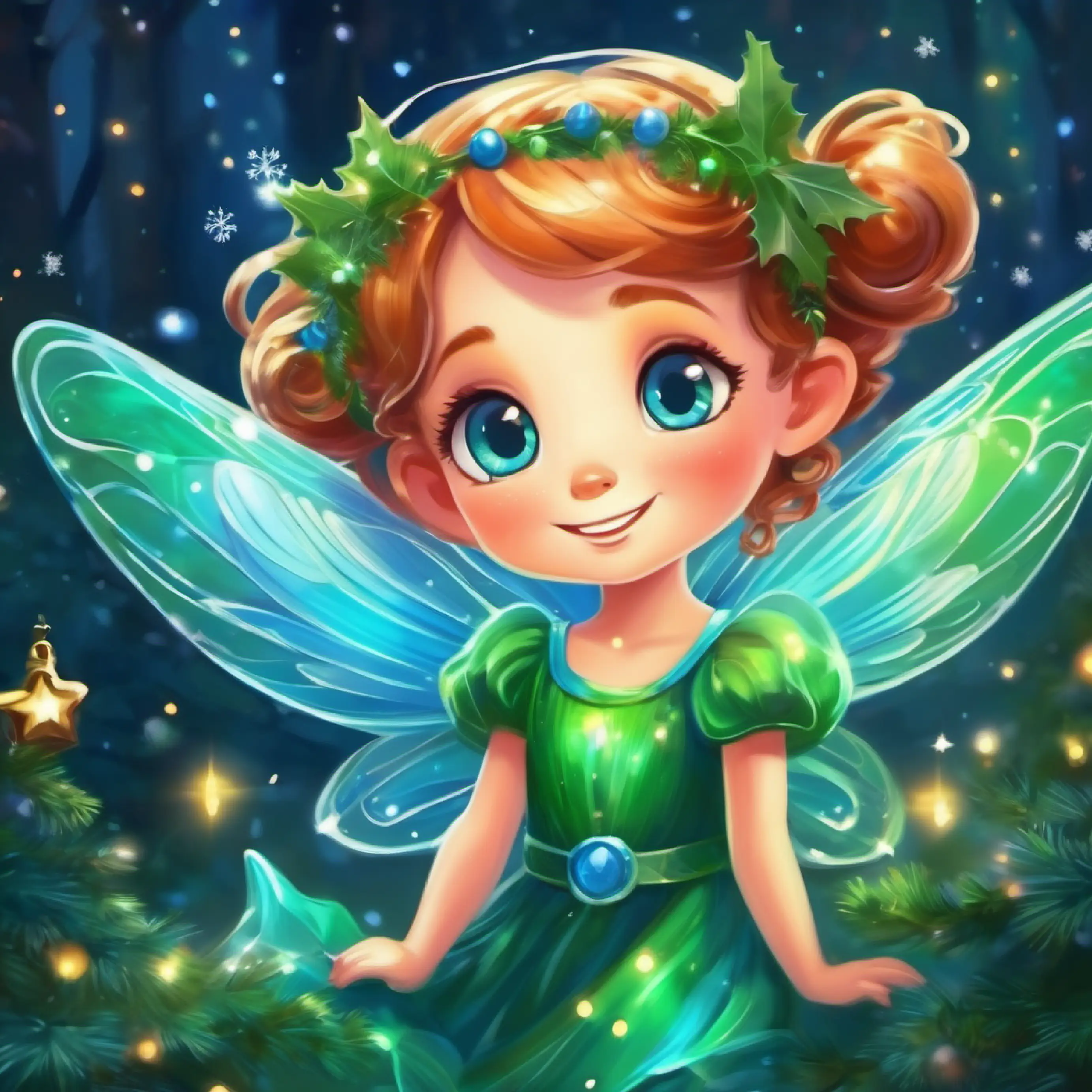 Small fairy with sparkling green wings, radiant smile, blue eyes receives a request for help from the human world.