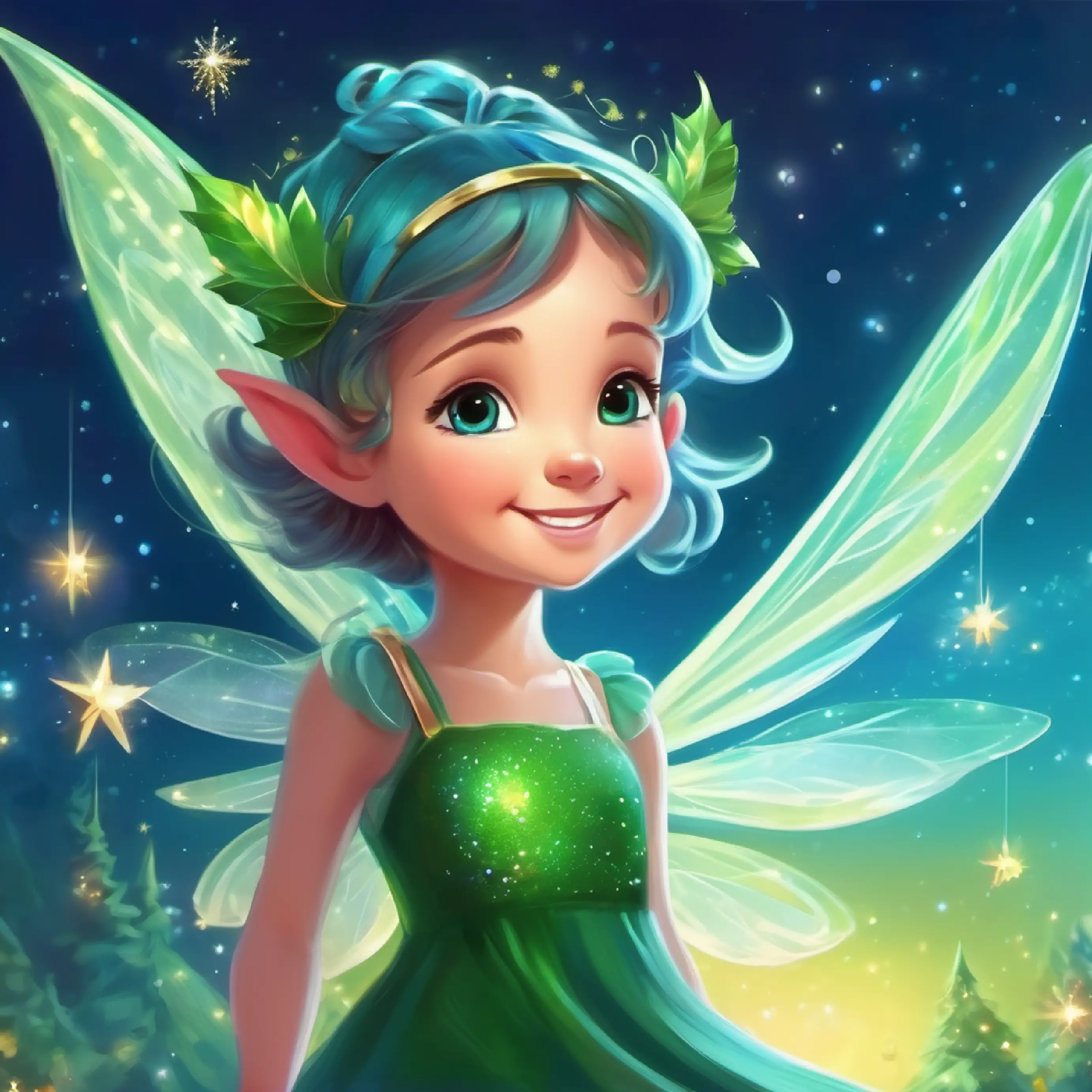 Small fairy with sparkling green wings, radiant smile, blue eyes prepares for her journey to the human world.