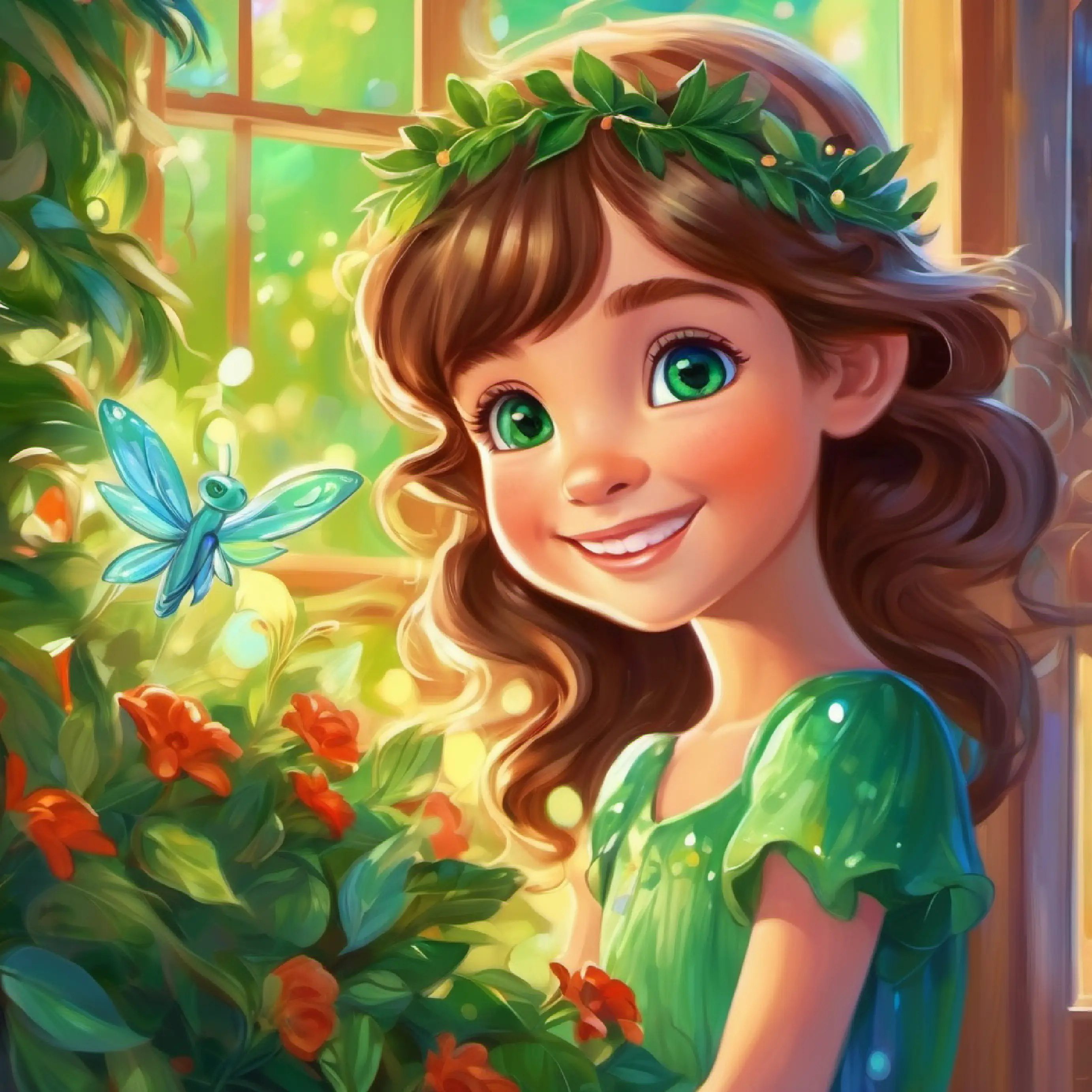 Small fairy with sparkling green wings, radiant smile, blue eyes arrives at Curious girl with long brown hair, green eyes, hopeful expression's window and spots the droopy flower.