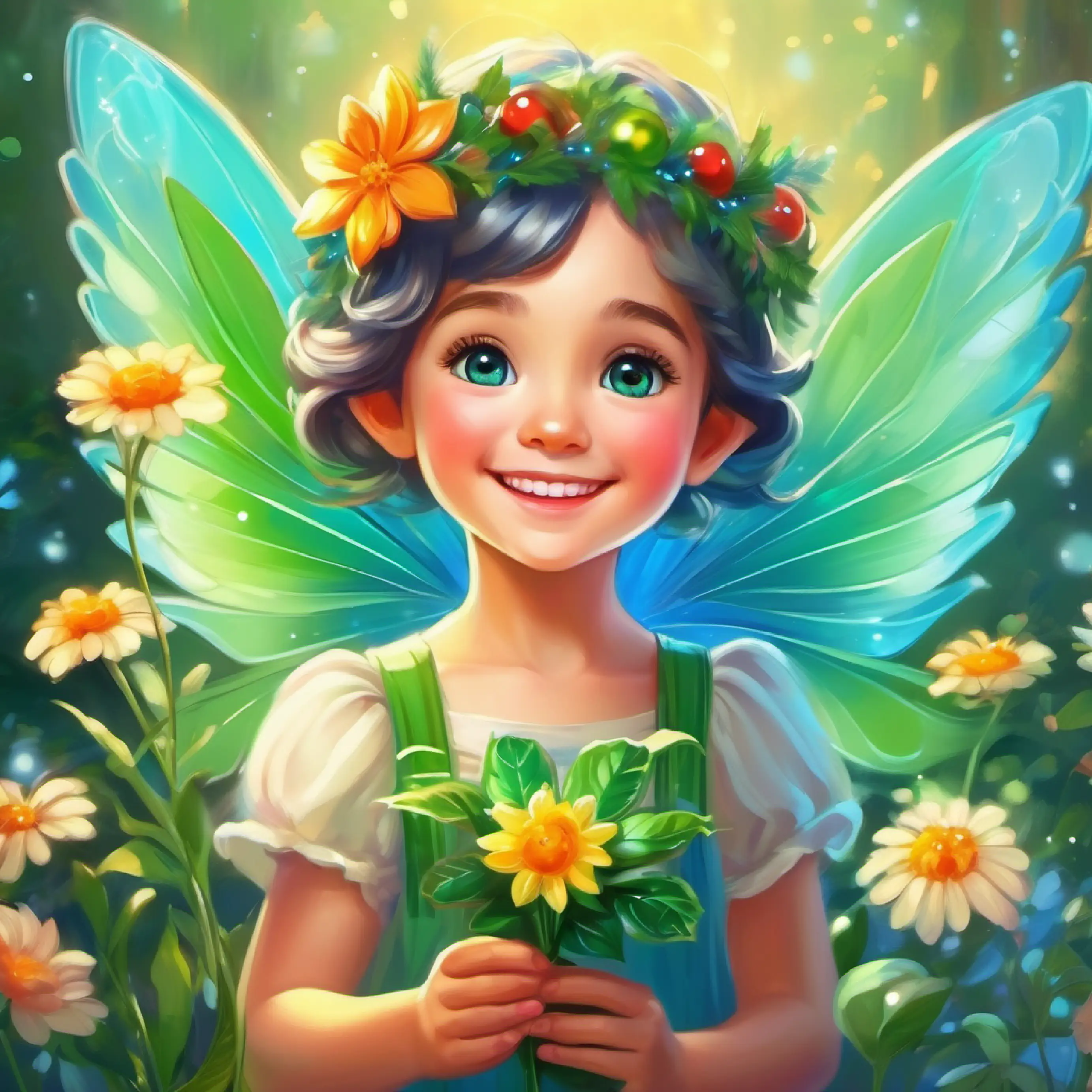 Small fairy with sparkling green wings, radiant smile, blue eyes reassures and treats the little girl's flower.