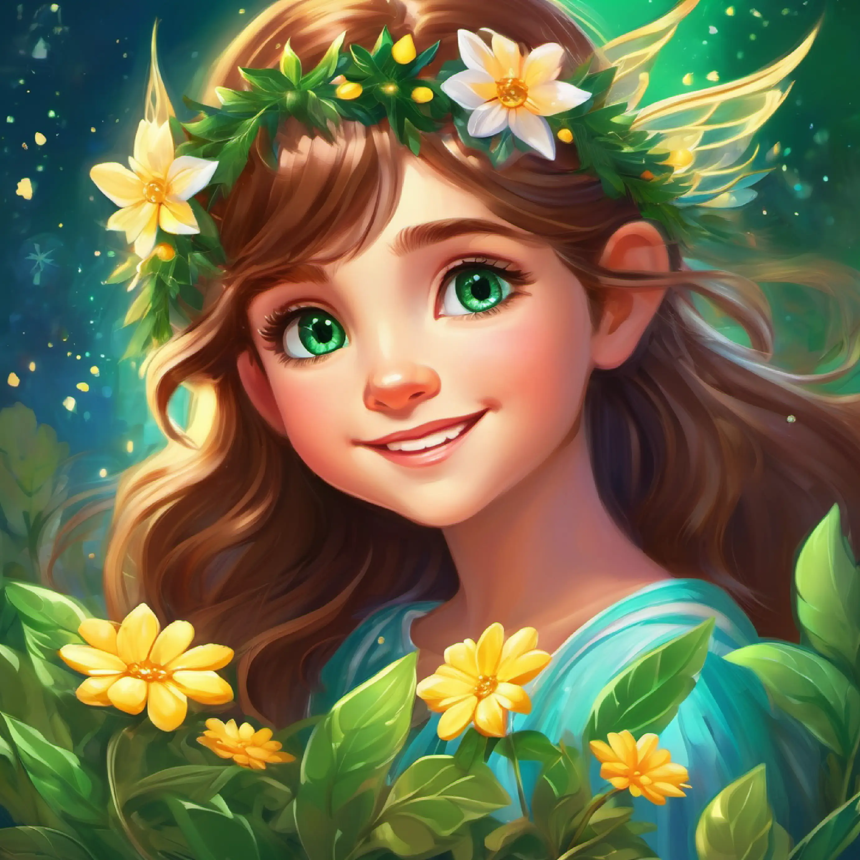 Small fairy with sparkling green wings, radiant smile, blue eyes tends to the flower regularly, Curious girl with long brown hair, green eyes, hopeful expression observes the changes.