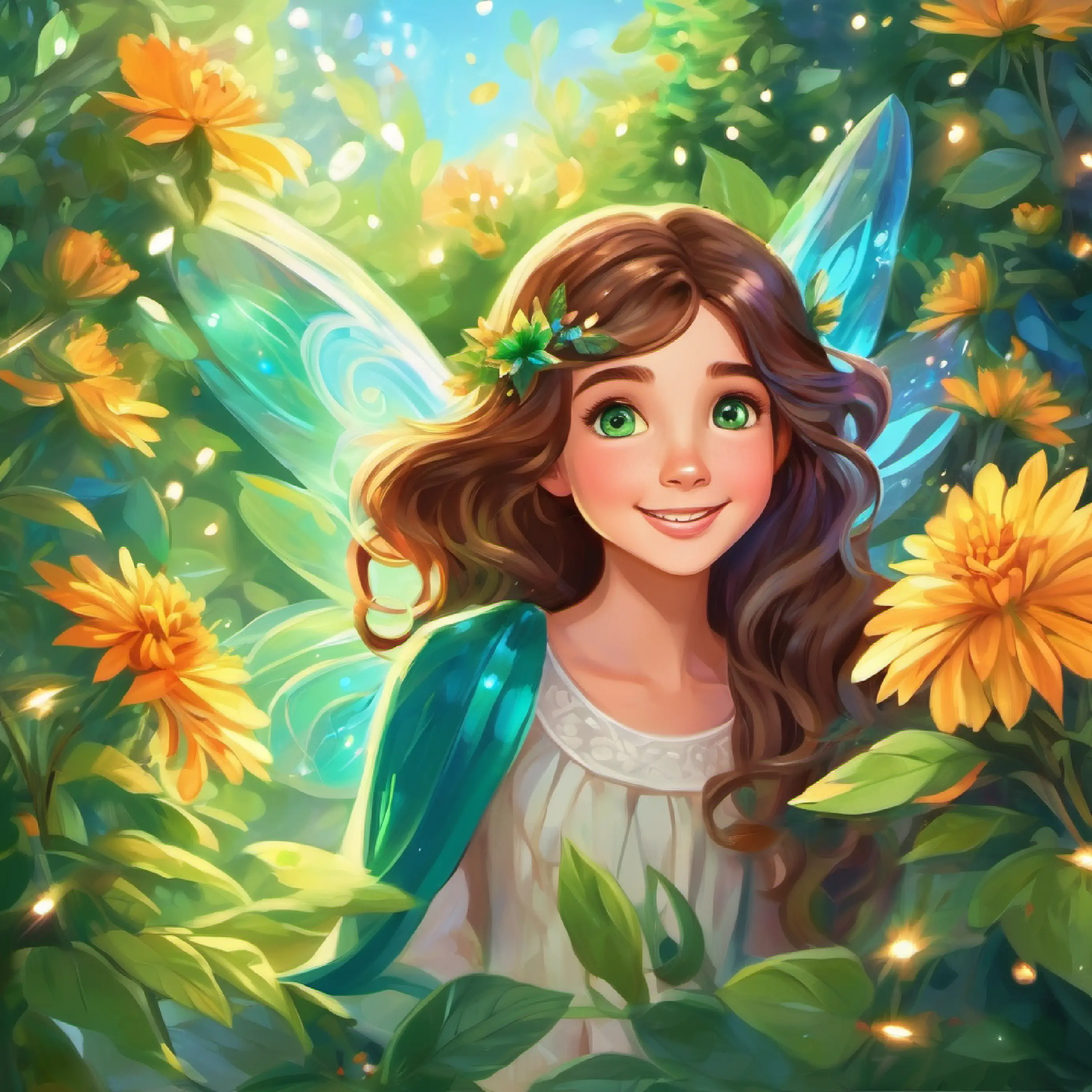 The flower blooms, bringing joy to both Curious girl with long brown hair, green eyes, hopeful expression and Small fairy with sparkling green wings, radiant smile, blue eyes.