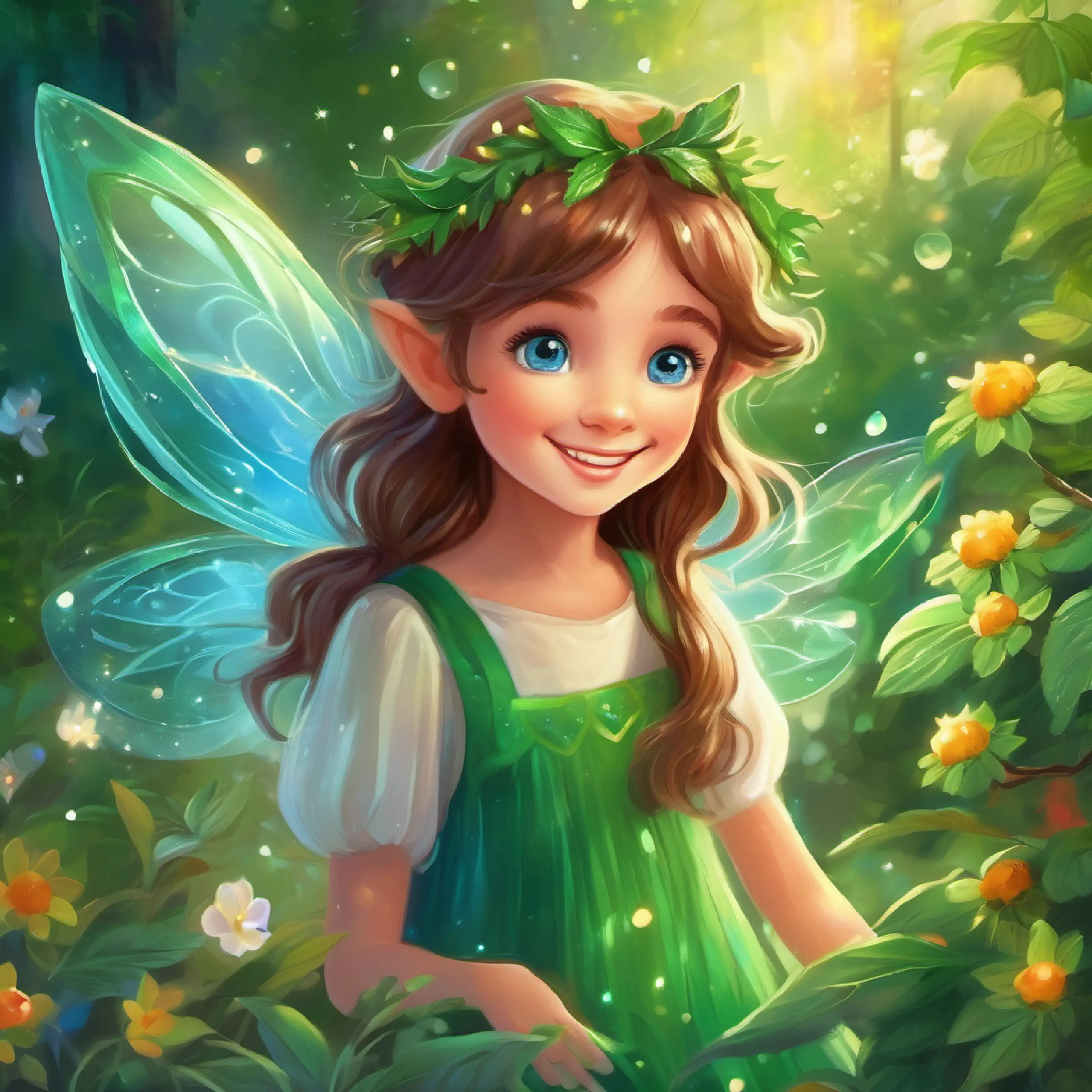 Small fairy with sparkling green wings, radiant smile, blue eyes says goodbye, leaving fairy dust for Curious girl with long brown hair, green eyes, hopeful expression's garden.