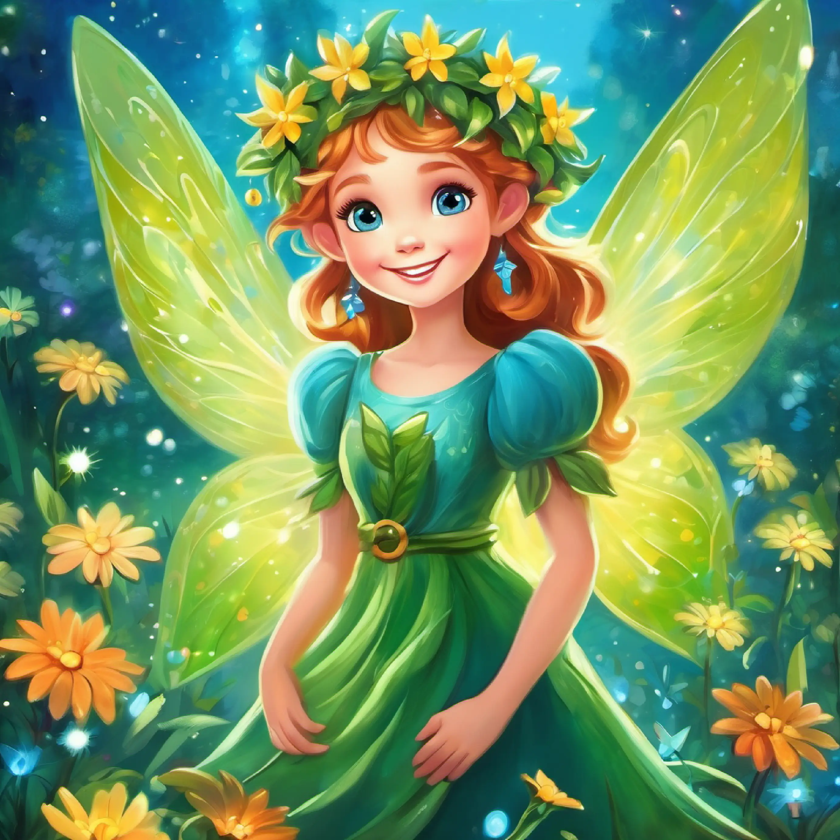 Small fairy with sparkling green wings, radiant smile, blue eyes is welcomed back to Fairyland by the flowers.