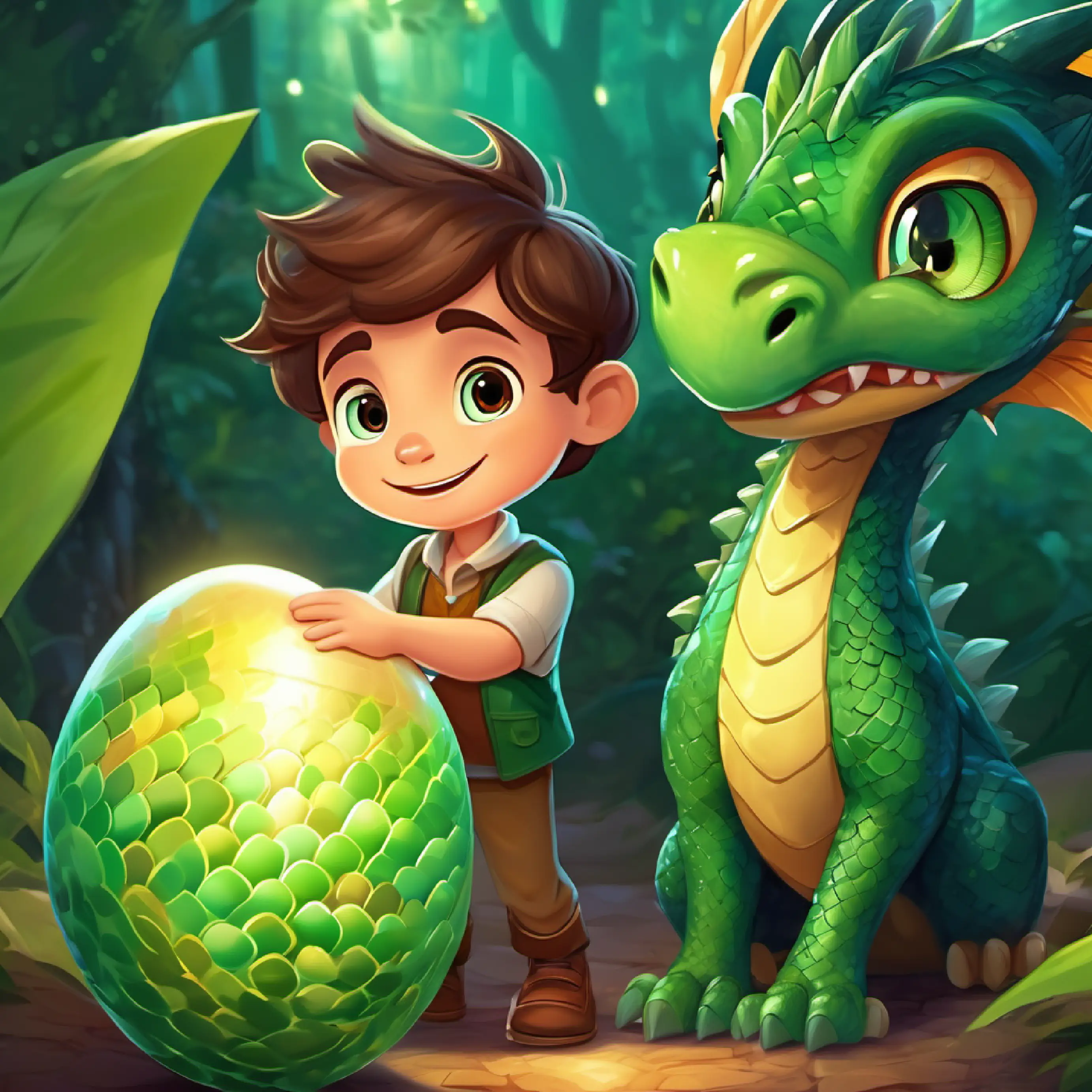 4-year-old boy, brown hair, big brown eyes, full of curiosity finds a magical egg that hatches a dragon named Friendly dragon, green scales, sparkling eyes, able to fly.