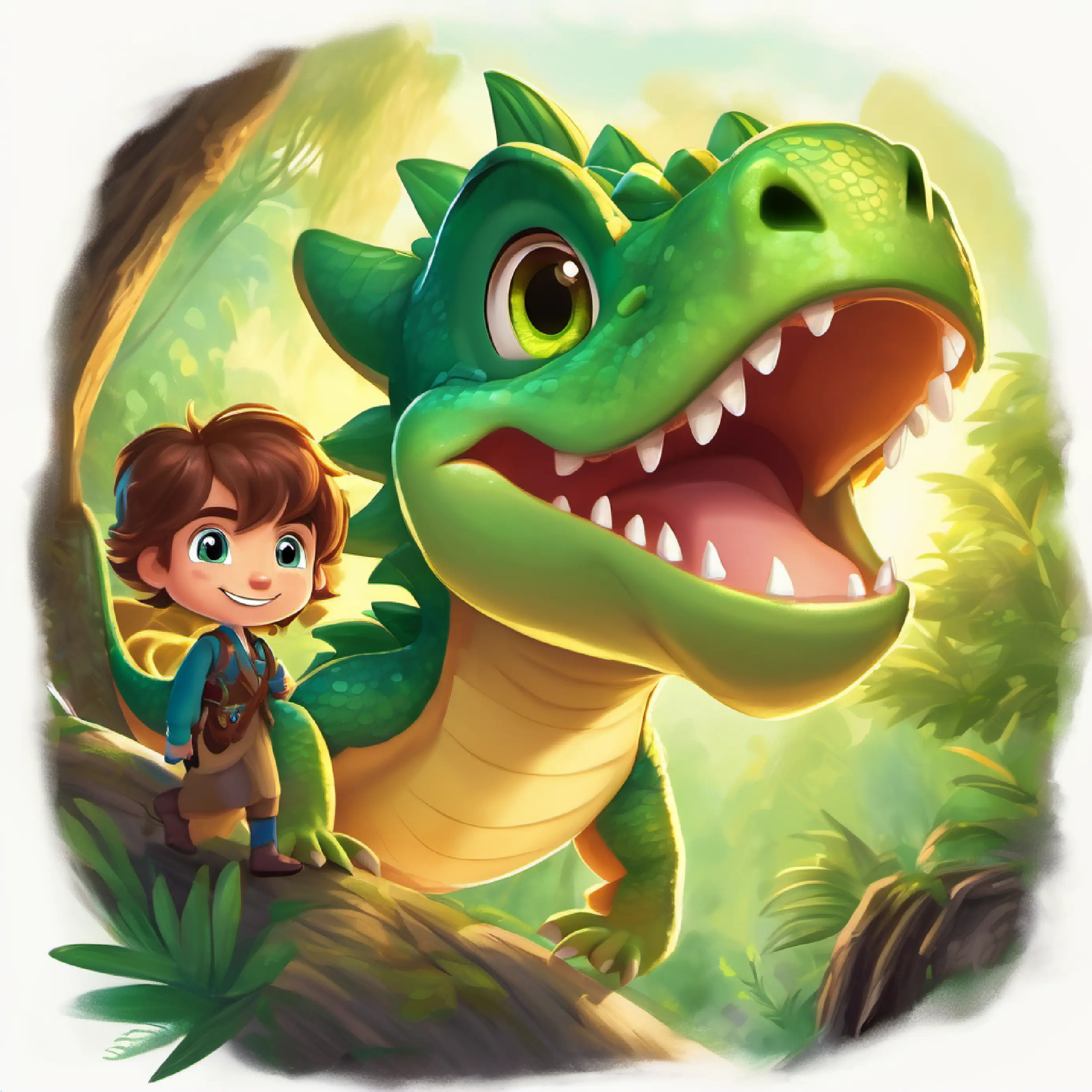 Friendly dragon, green scales, sparkling eyes, able to fly takes 4-year-old boy, brown hair, big brown eyes, full of curiosity and his friends on a flight to the dinosaur forest.