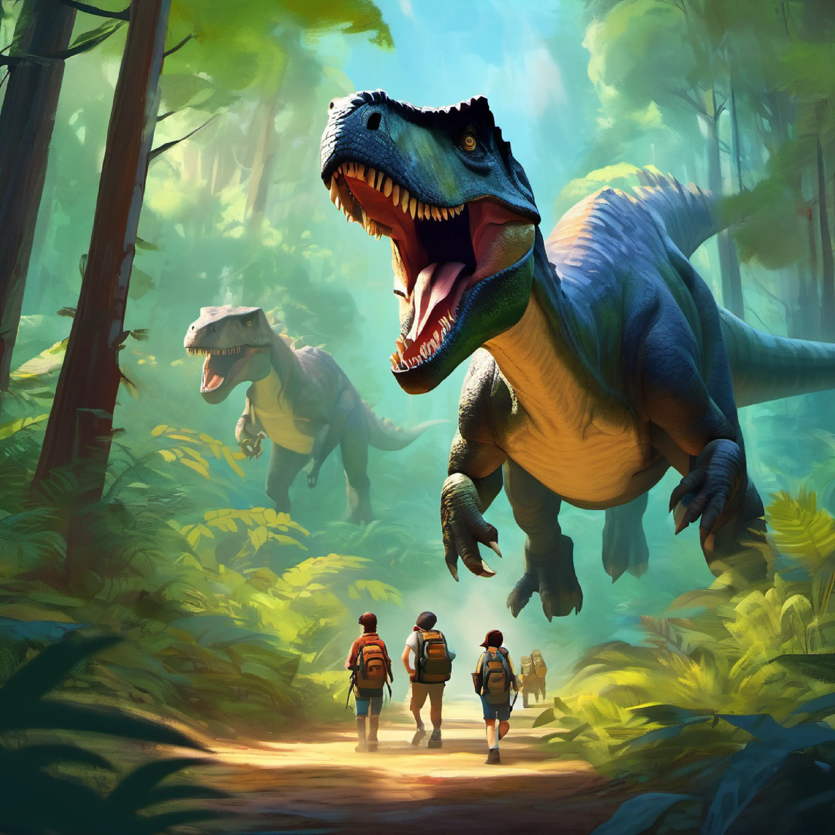 The group lands in a forest full of dinosaurs, especially T-rexes.