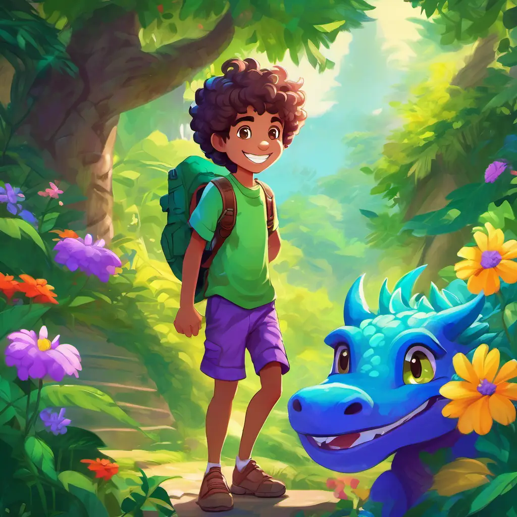 Curly-haired, green-eyed boy with a big smile, and blue shorts and Purple and green bouncing dragon with friendly golden eyes zipping through the lush green jungle on a bright sunny day, surrounded by colorful flowers and tall trees.