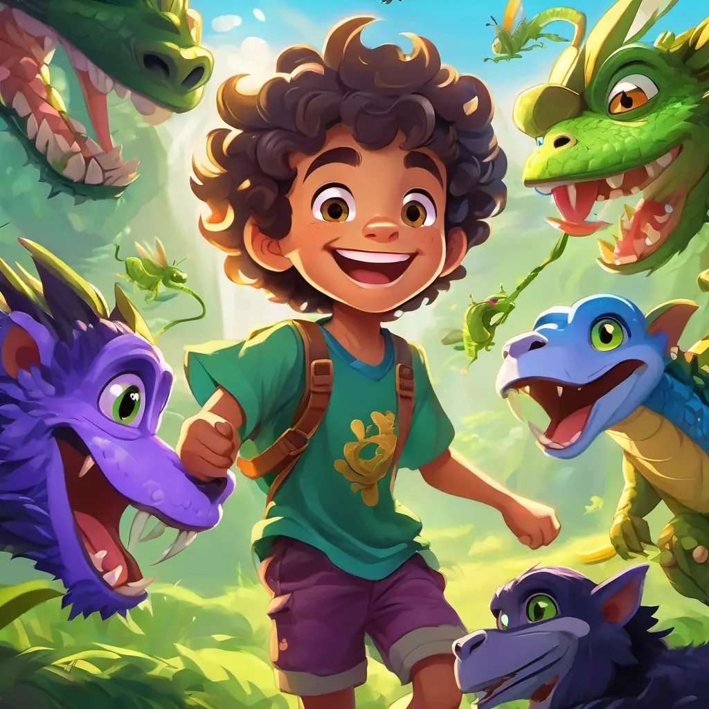 Curly-haired, green-eyed boy with a big smile, and blue shorts and Purple and green bouncing dragon with friendly golden eyes surrounded by snakes, chimpanzees, and grasshoppers, all laughing and cheering together.