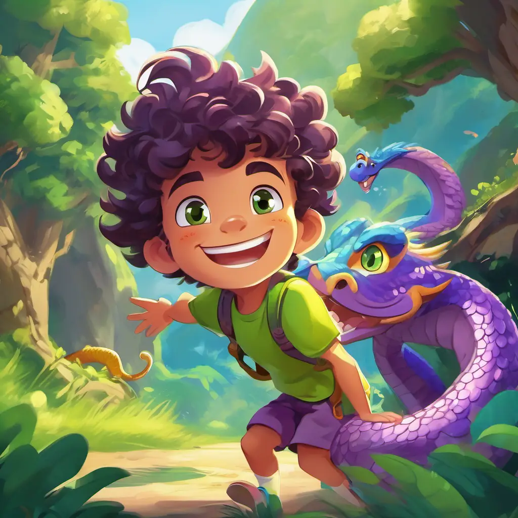 Curly-haired, green-eyed boy with a big smile, and blue shorts and Purple and green bouncing dragon with friendly golden eyes startled by the sneaky snake, with Purple and green bouncing dragon with friendly golden eyes bouncing high in the air and Curly-haired, green-eyed boy with a big smile, and blue shorts laughing.