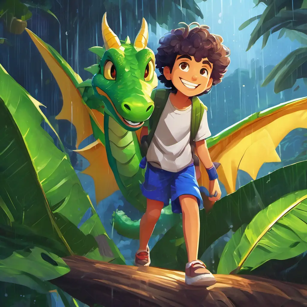 Curly-haired, green-eyed boy with a big smile, and blue shorts and Purple and green bouncing dragon with friendly golden eyes working together to build a shelter from banana leaves in the pouring rain.