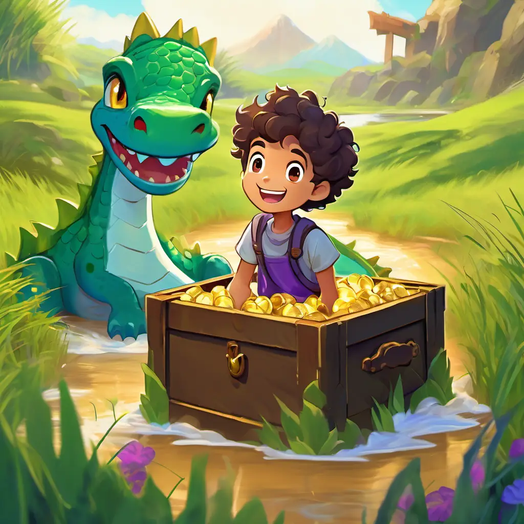 Curly-haired, green-eyed boy with a big smile, and blue shorts and Purple and green bouncing dragon with friendly golden eyes playing in the muddy marsh, then discovering a treasure chest and celebrating their victory.