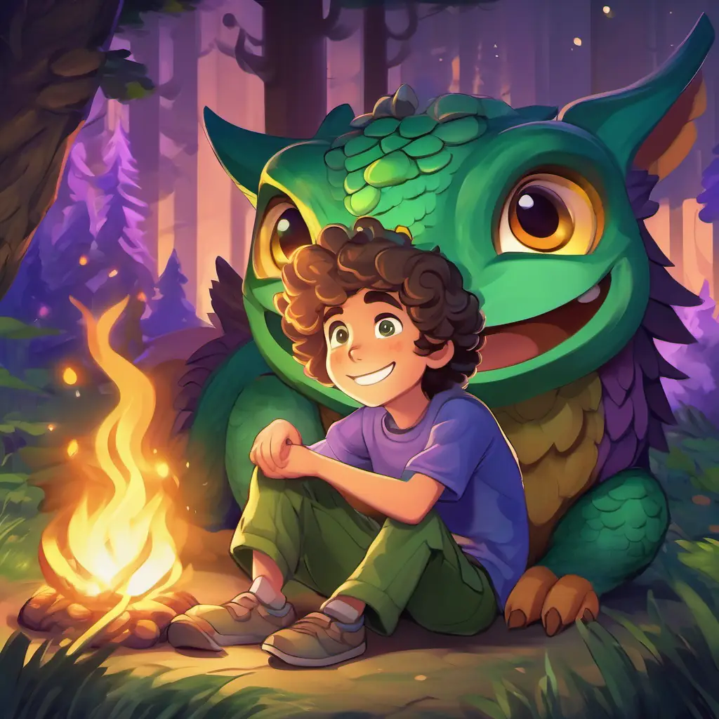 Curly-haired, green-eyed boy with a big smile, and blue shorts and Purple and green bouncing dragon with friendly golden eyes snuggled up next to a cozy campfire, drifting off to sleep while the owls hooted in the background.