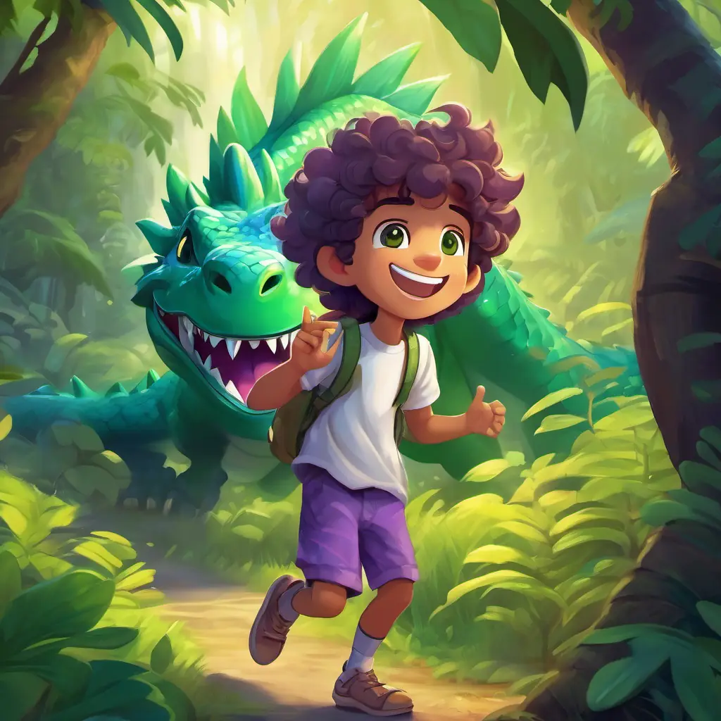 Curly-haired, green-eyed boy with a big smile, and blue shorts and Purple and green bouncing dragon with friendly golden eyes smiling and ready for another adventure, waving goodbye to the jungle.