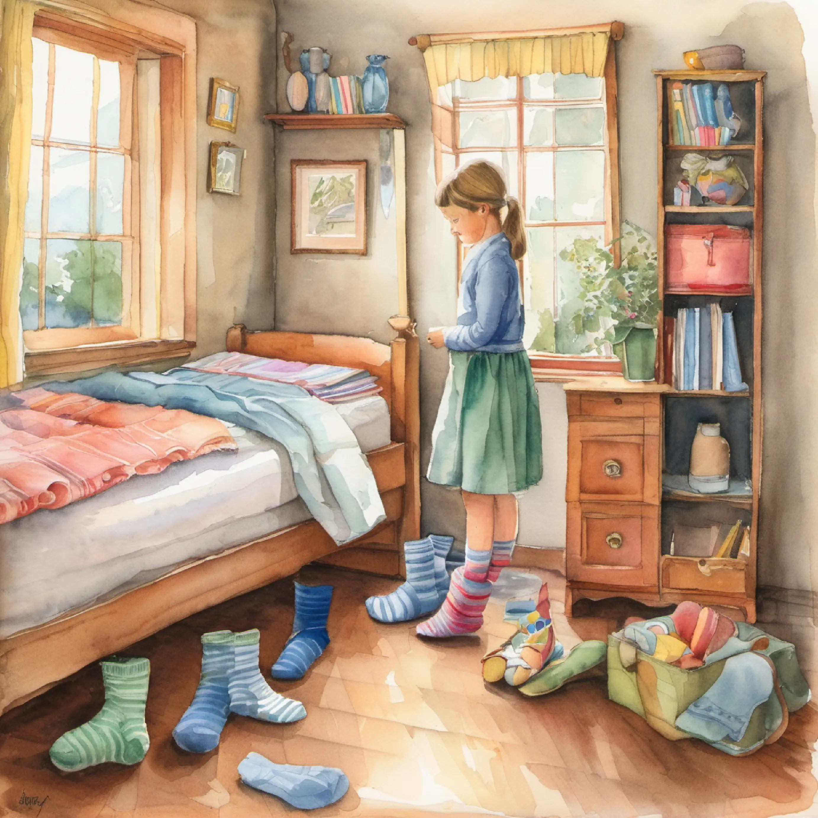 Mary is choosing socks for the day in her bedroom.