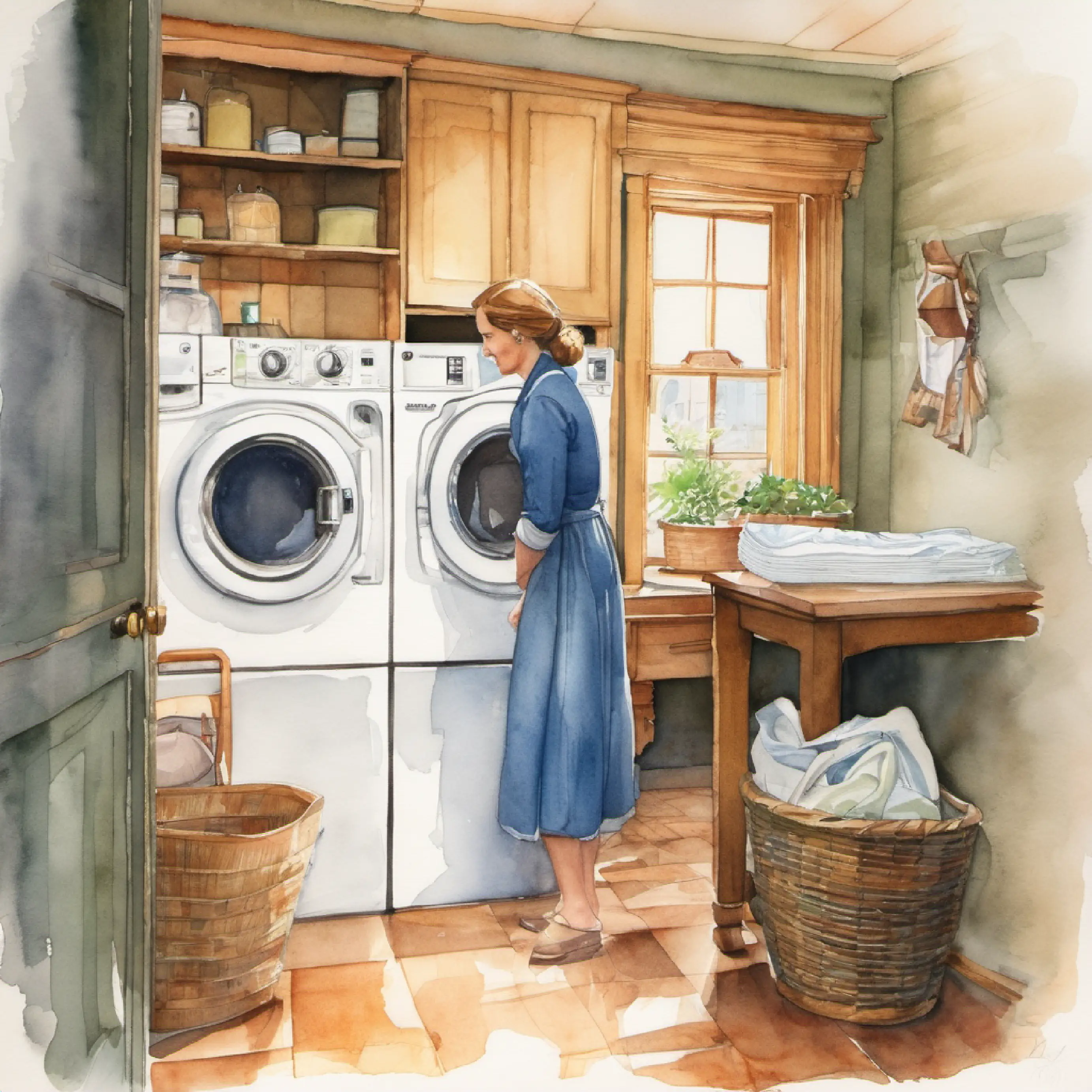 Mary searches through the laundry room.