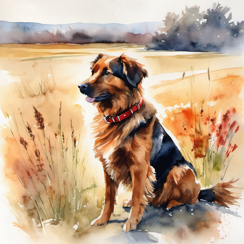 Dog named Friendly dog with brown fur and a red collar sitting on a sunny field