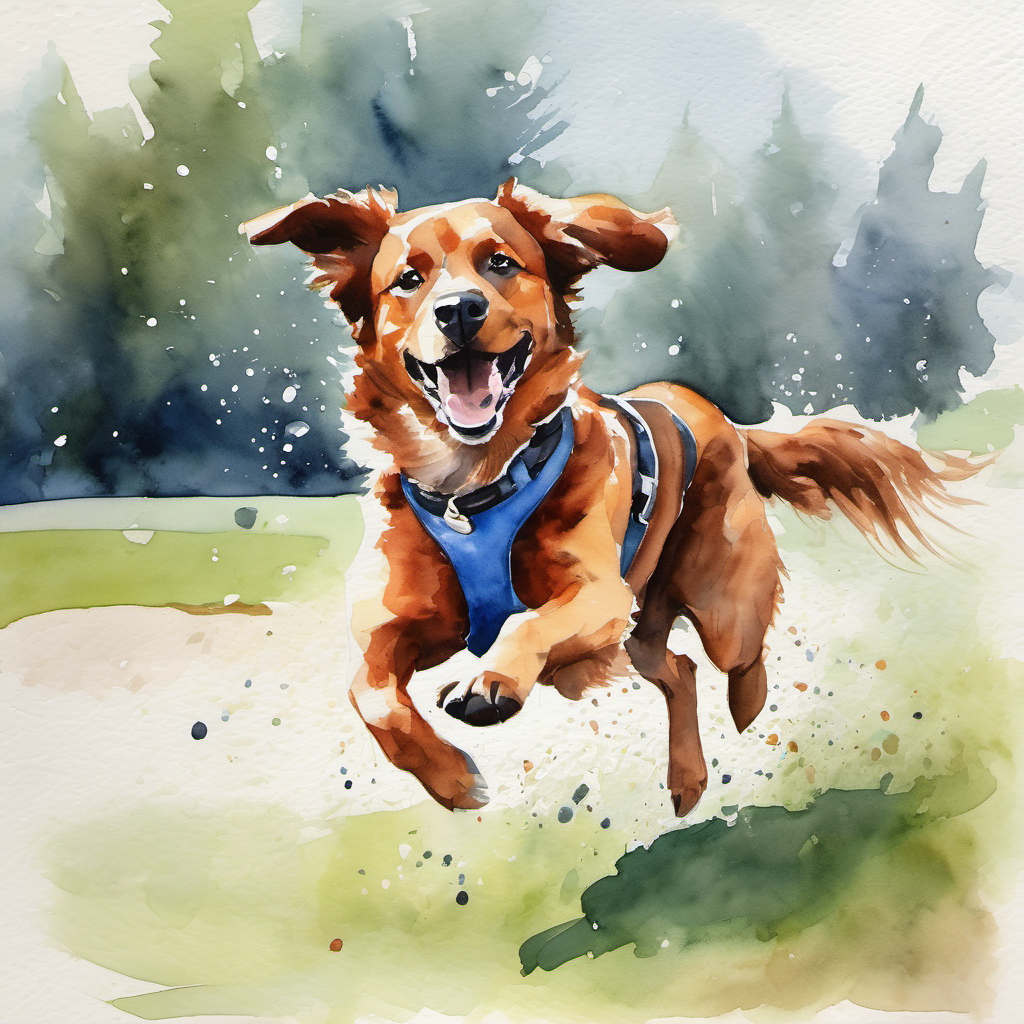 Friendly dog with brown fur and a red collar catching a ball in mid-air