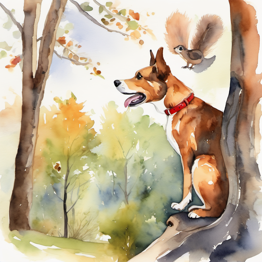 Friendly dog with brown fur and a red collar barking at a squirrel on a tree branch