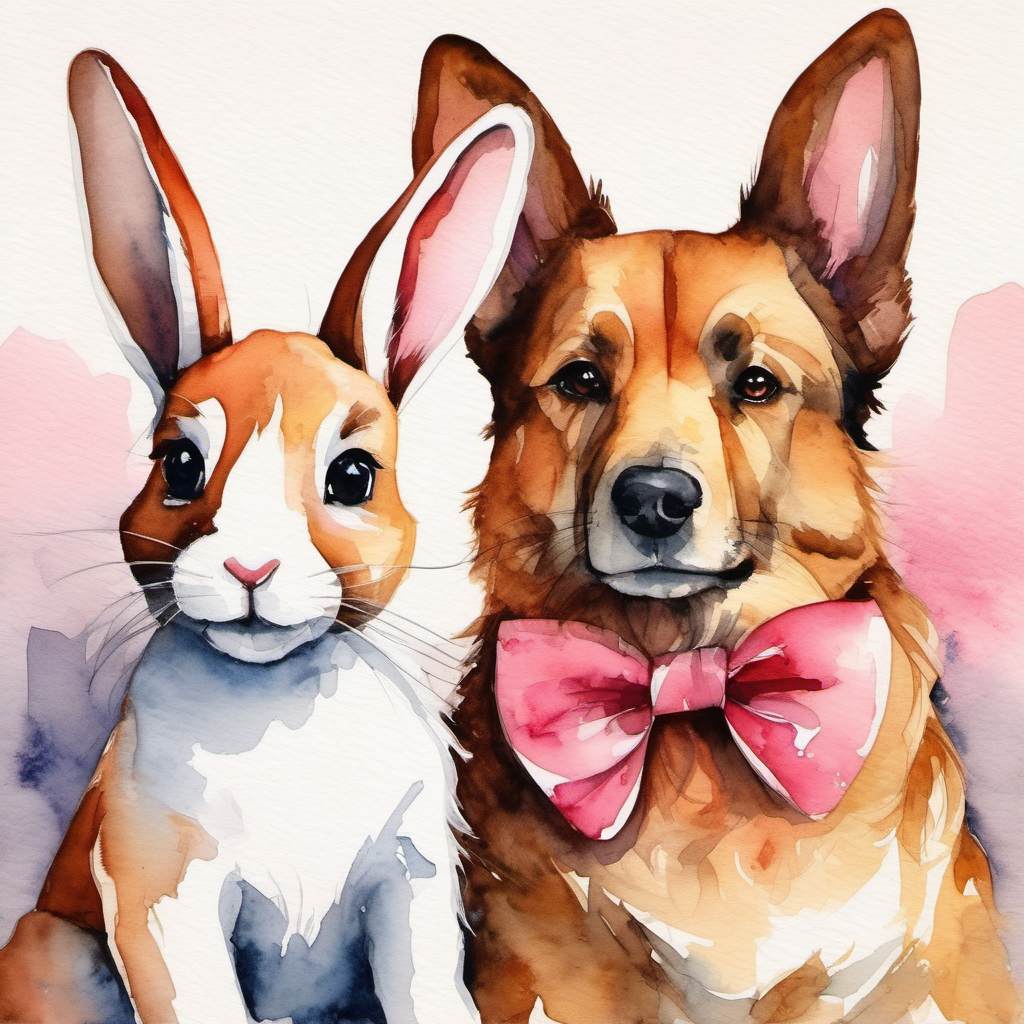 Friendly dog with brown fur and a red collar and Cute rabbit with white fur and pink bow sitting next to each other