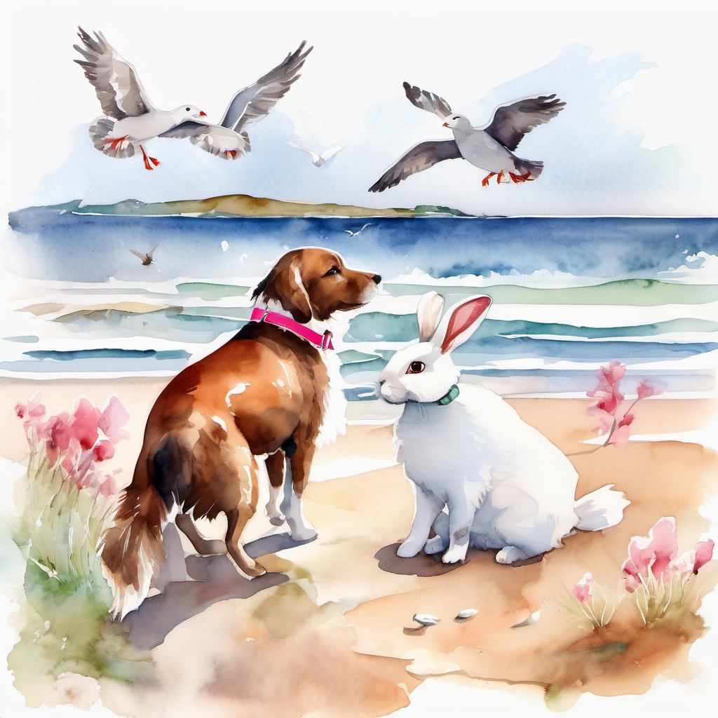 Friendly dog with brown fur and a red collar and Cute rabbit with white fur and pink bow exploring a beach with seagulls