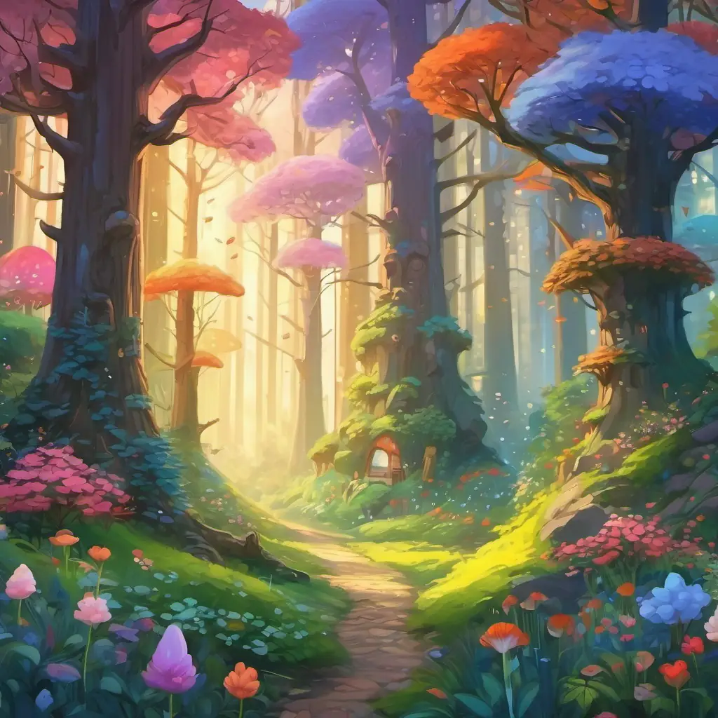 A colorful and tall forest with fairies, gnomes, and talking animals. The air smells like flowers.