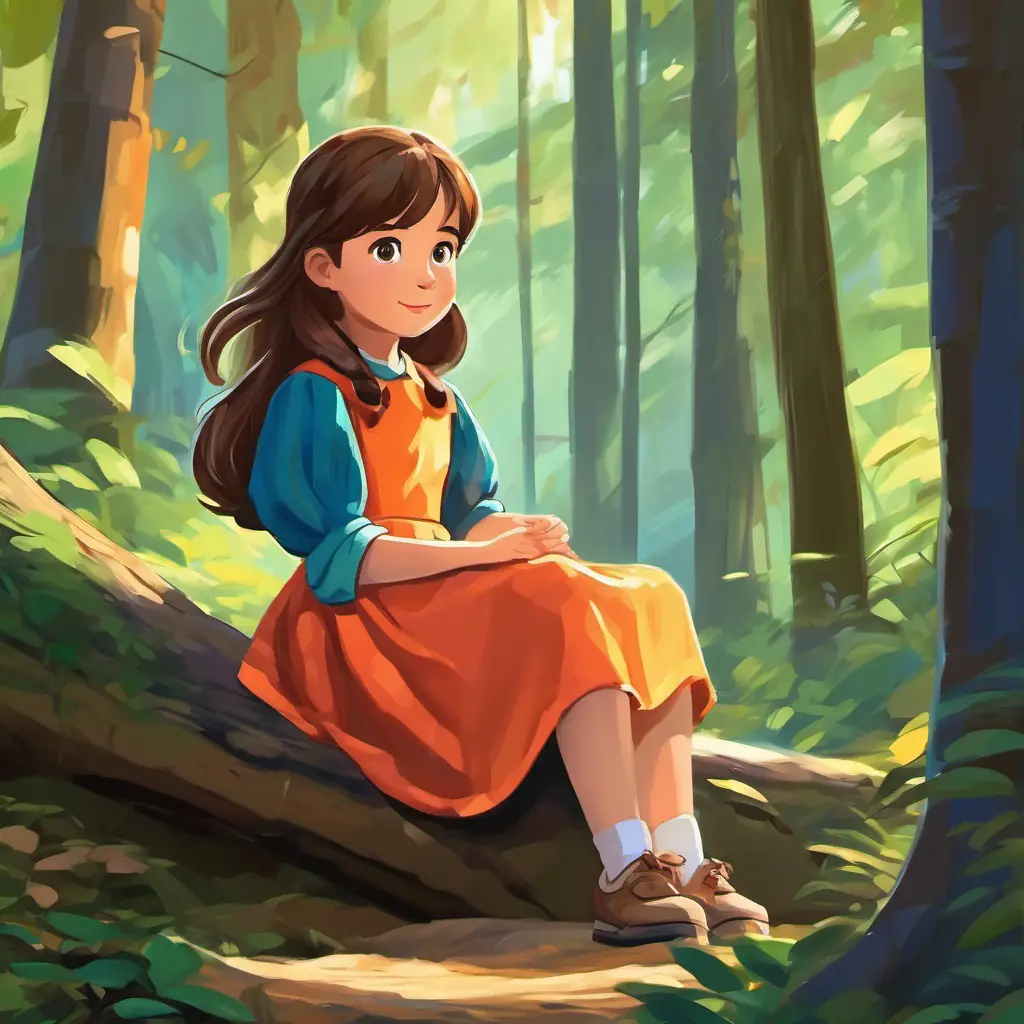 A young girl with brown hair, wearing a colorful dress, a young girl with an attentive expression, sitting in the forest.