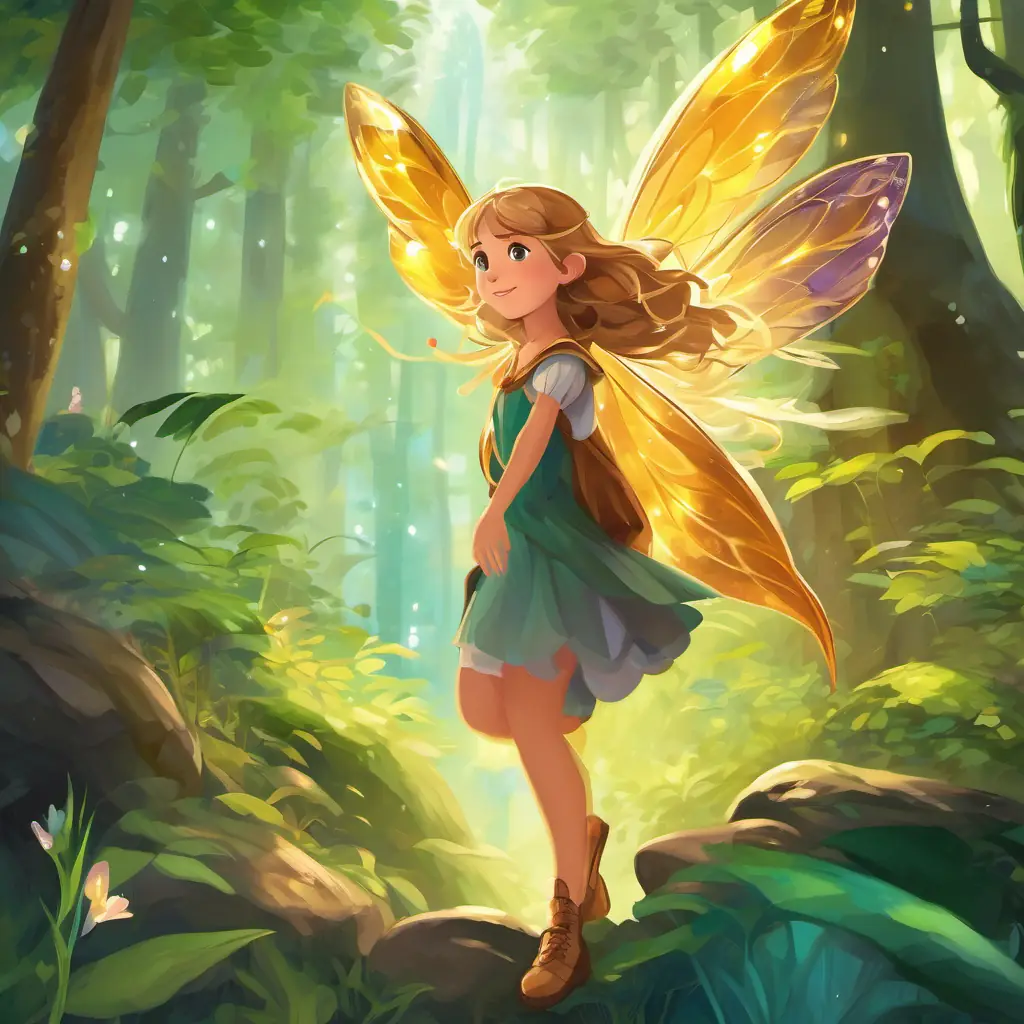 A young girl with brown hair, wearing a colorful dress and A fairy with golden hair and shimmering wings, the golden-haired fairy, in the forest near the rock with the hidden jewel.