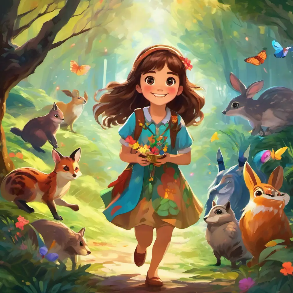 A young girl with brown hair, wearing a colorful dress with the jewel in her hand, surrounded by happy and smiling forest creatures.