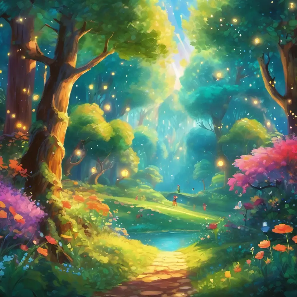 A vibrant and joyous enchanted forest with sparkling trees, dancing fairies, and singing animals.