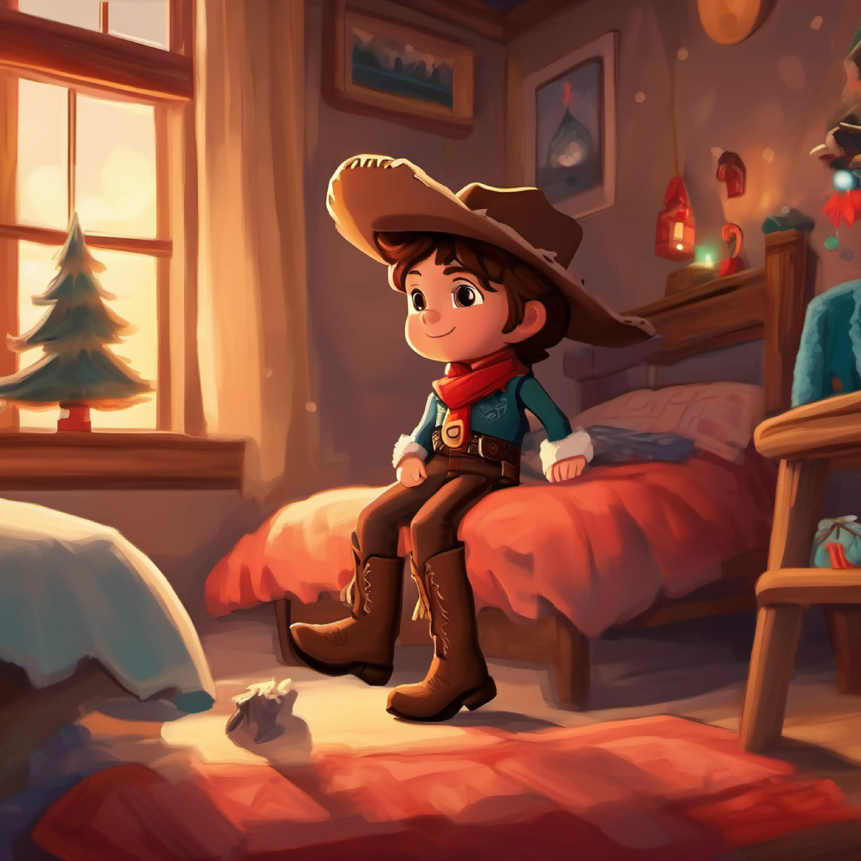 Andy's room, Cowboy doll, brown hair, wearing a cowboy hat and boots waking up