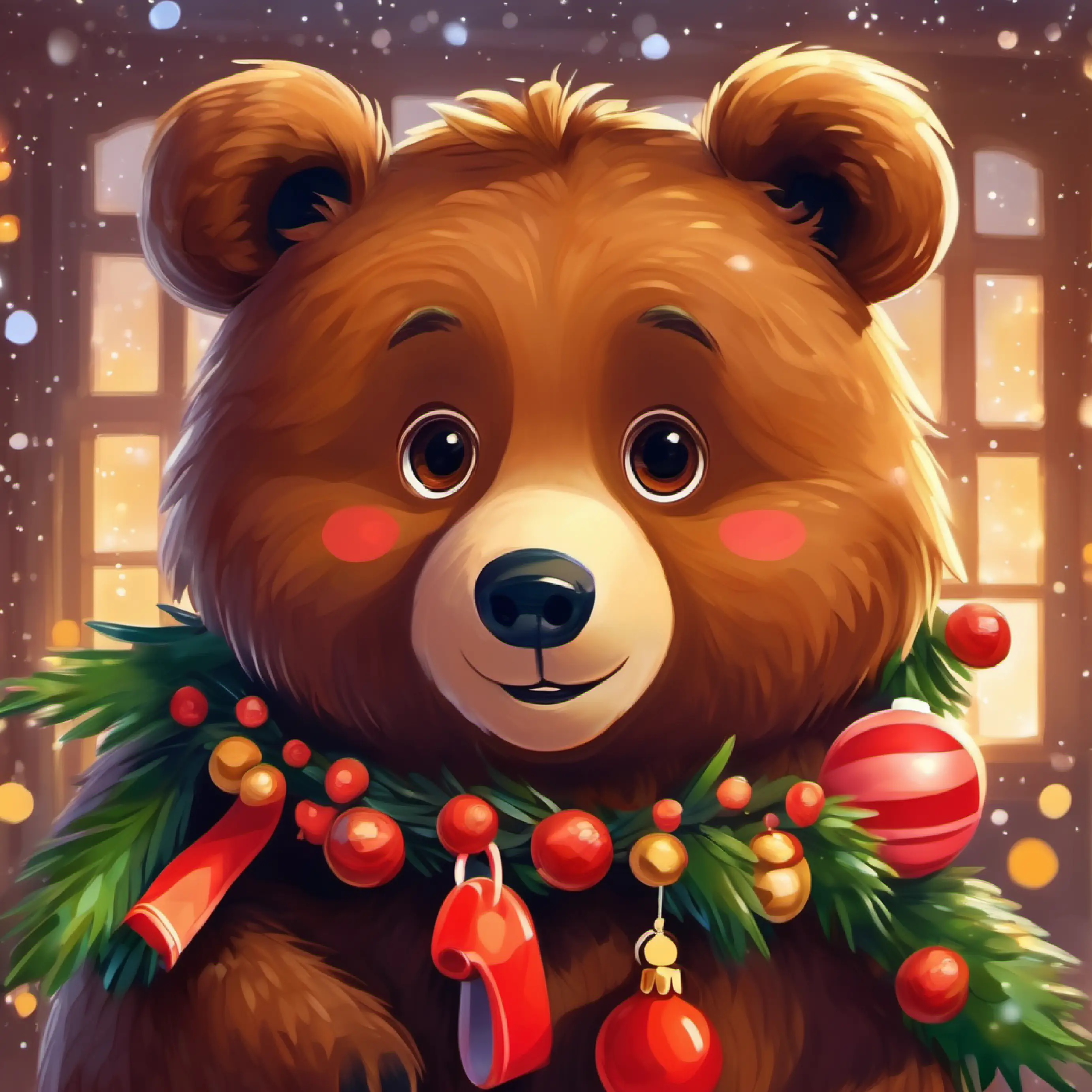 Brown cuddly bear, big round eyes, friendly smile's realization of friendship
