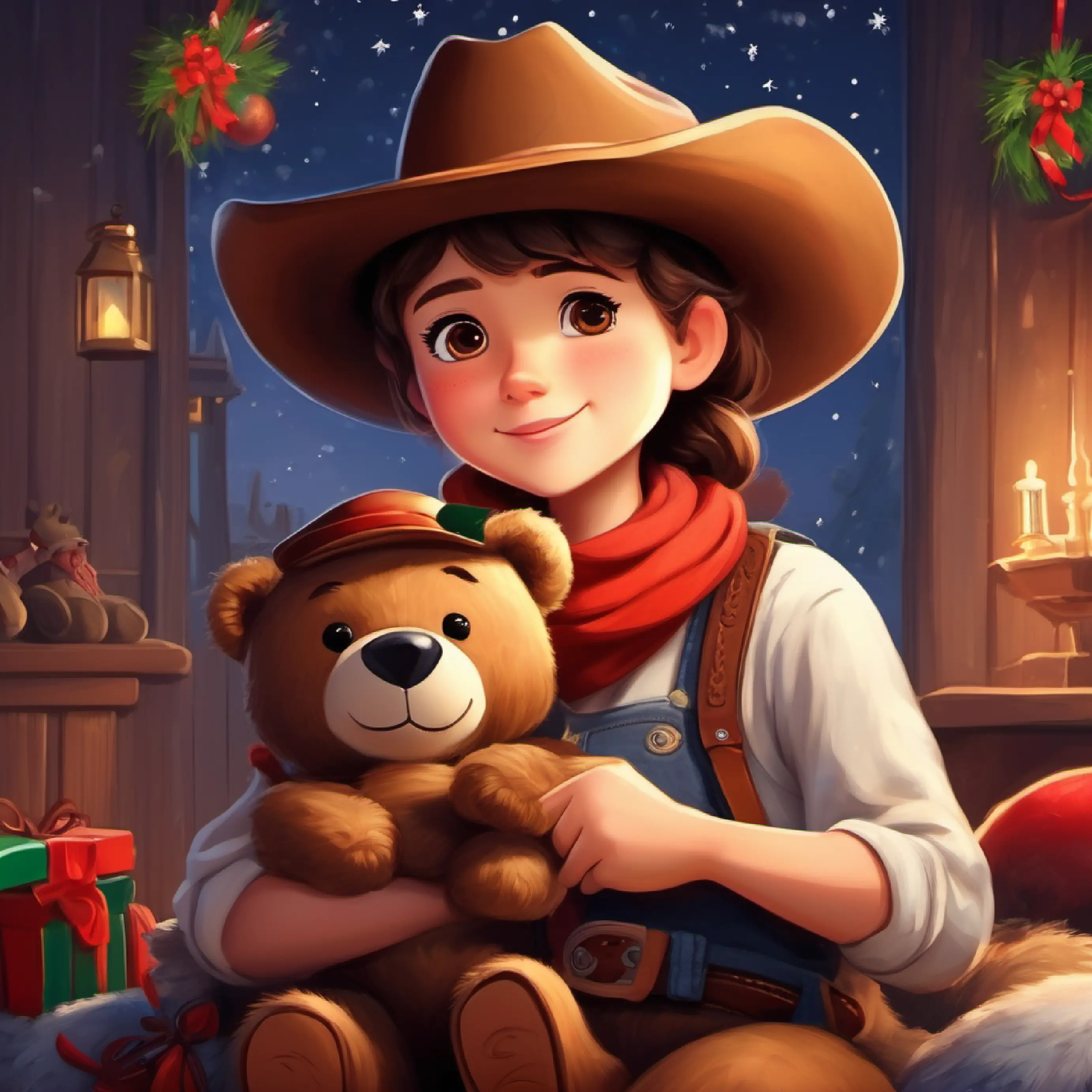Ending with Cowboy doll, brown hair, wearing a cowboy hat and boots and Brown cuddly bear, big round eyes, friendly smile sleeping