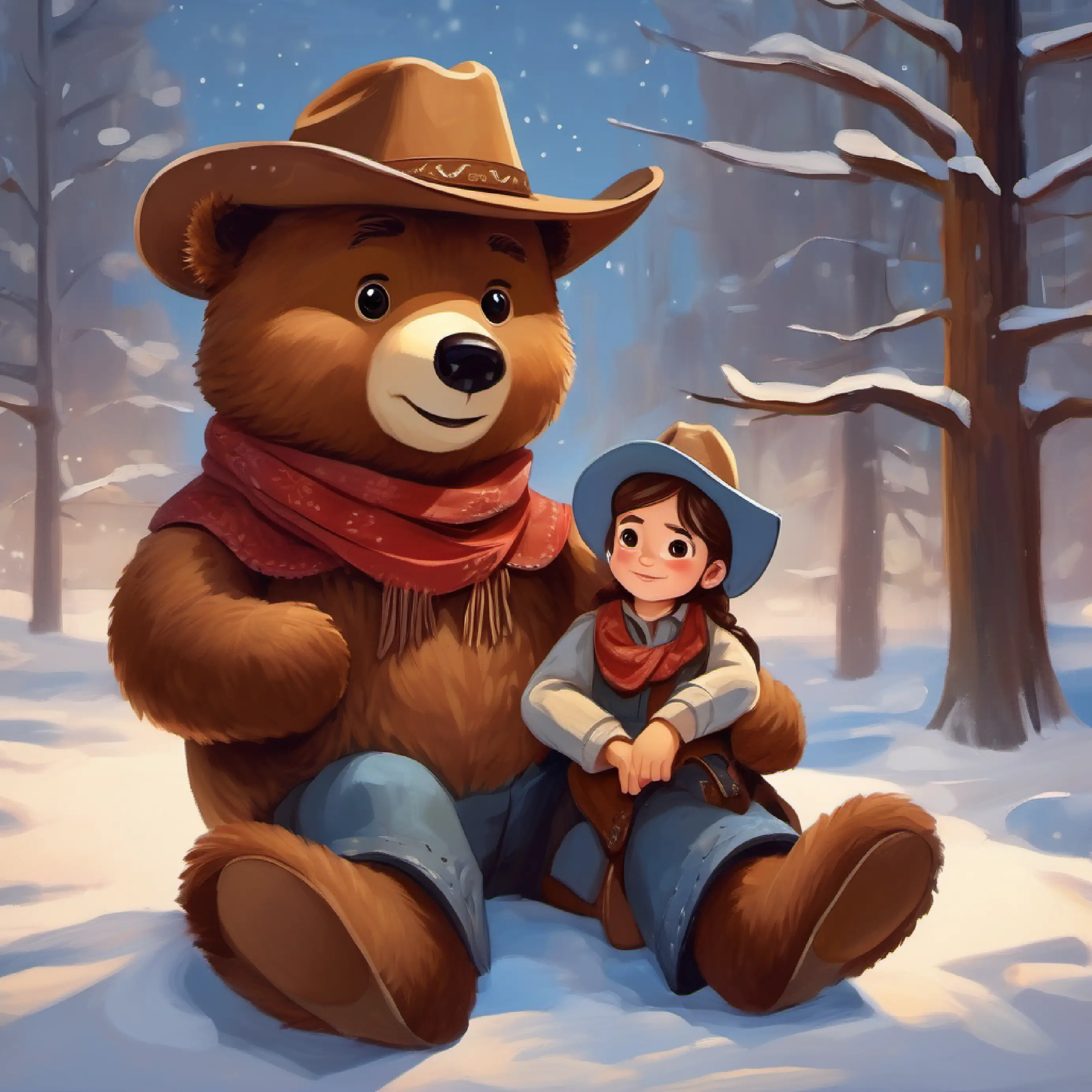 Brown cuddly bear, big round eyes, friendly smile's sadness, Cowboy doll, brown hair, wearing a cowboy hat and boots's decision to help