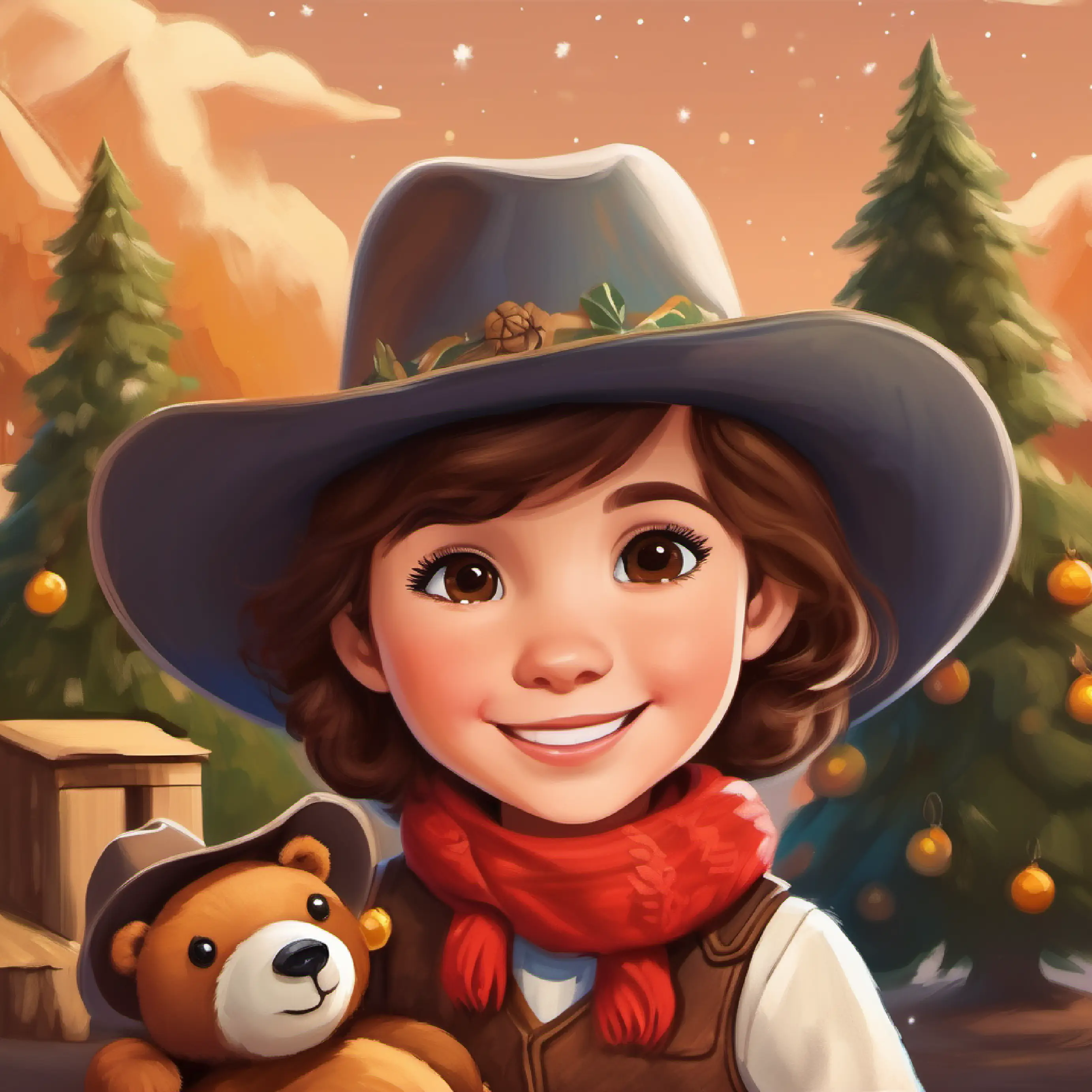 Cowboy doll, brown hair, wearing a cowboy hat and boots inviting Brown cuddly bear, big round eyes, friendly smile on an adventure