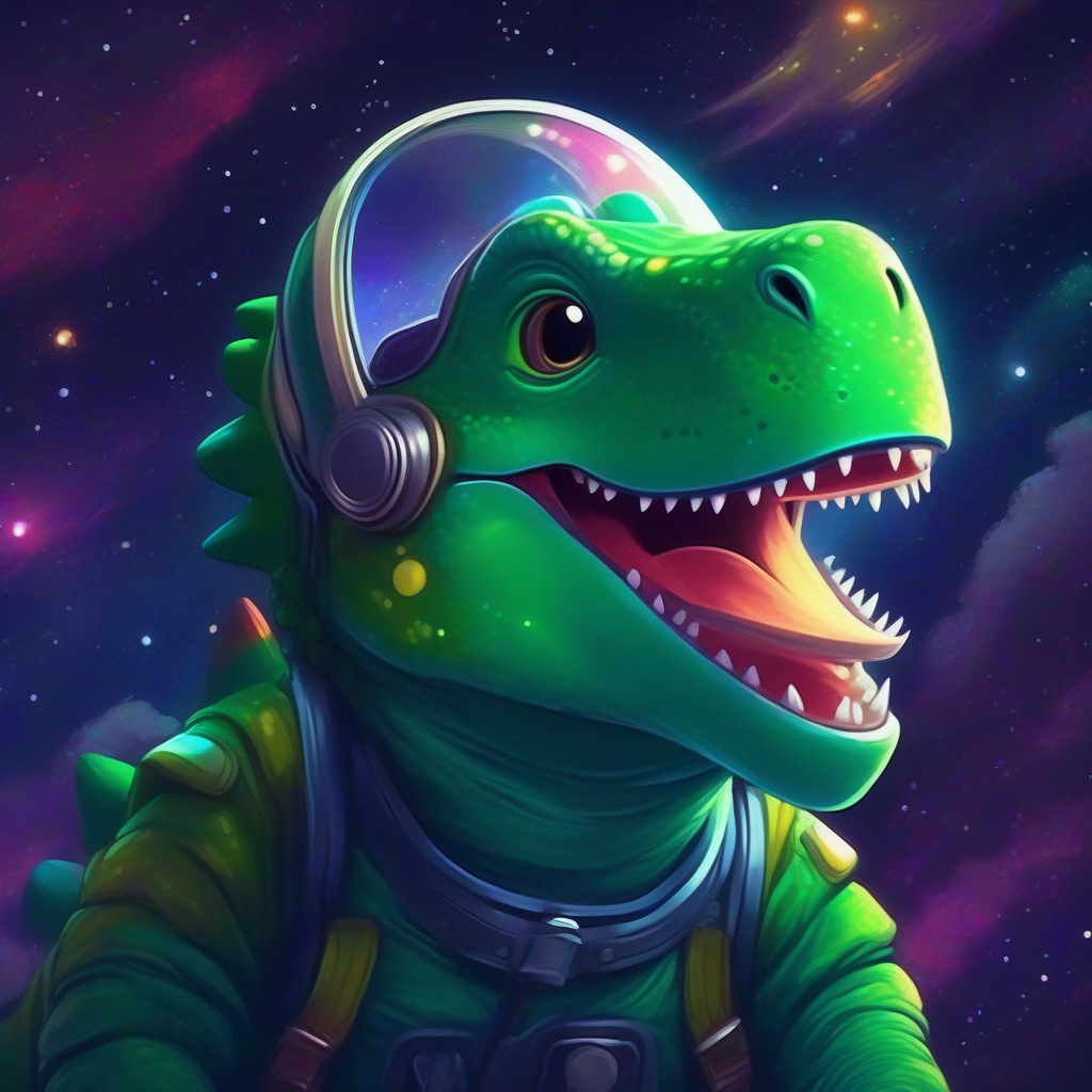 Green dinosaur with a colorful space helmet. smiling and looking up at the night sky.