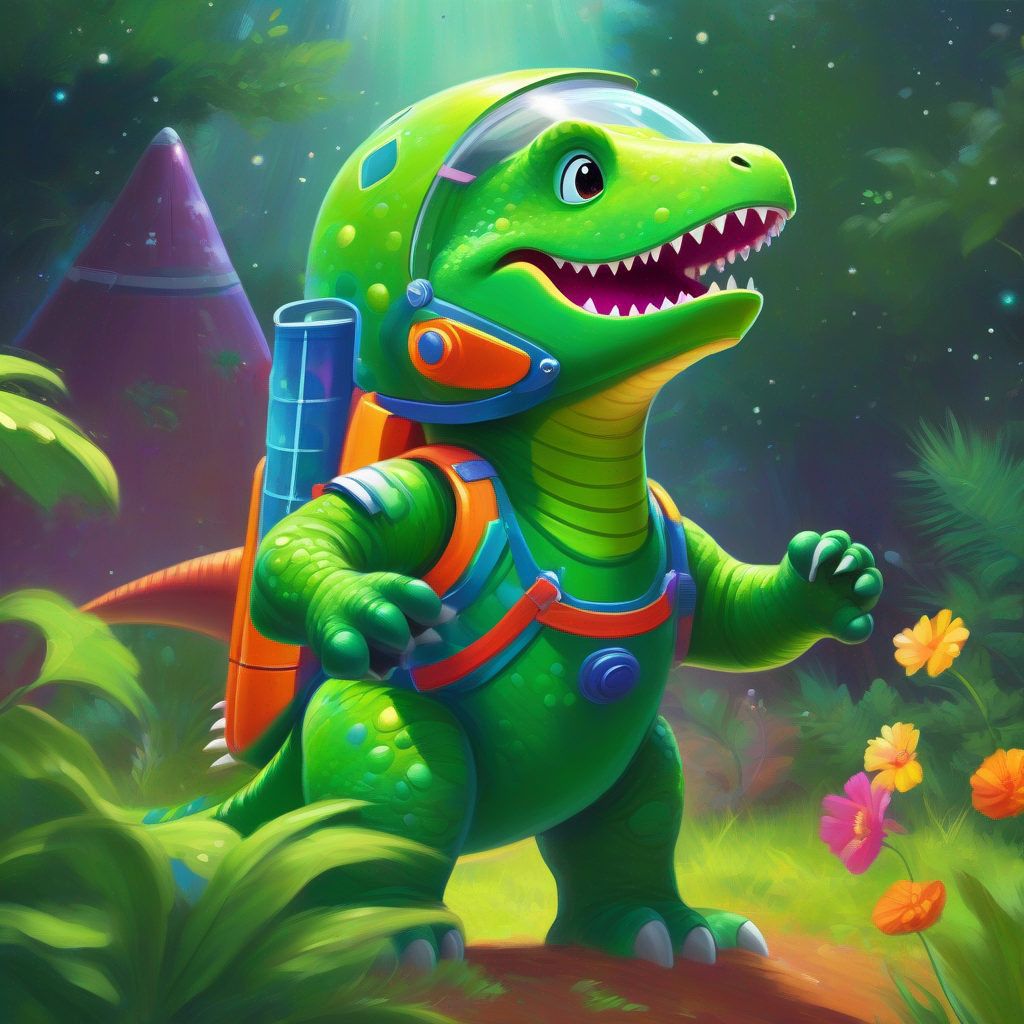 Green dinosaur with a colorful space helmet. excitedly working on the rocket ship in the backyard.