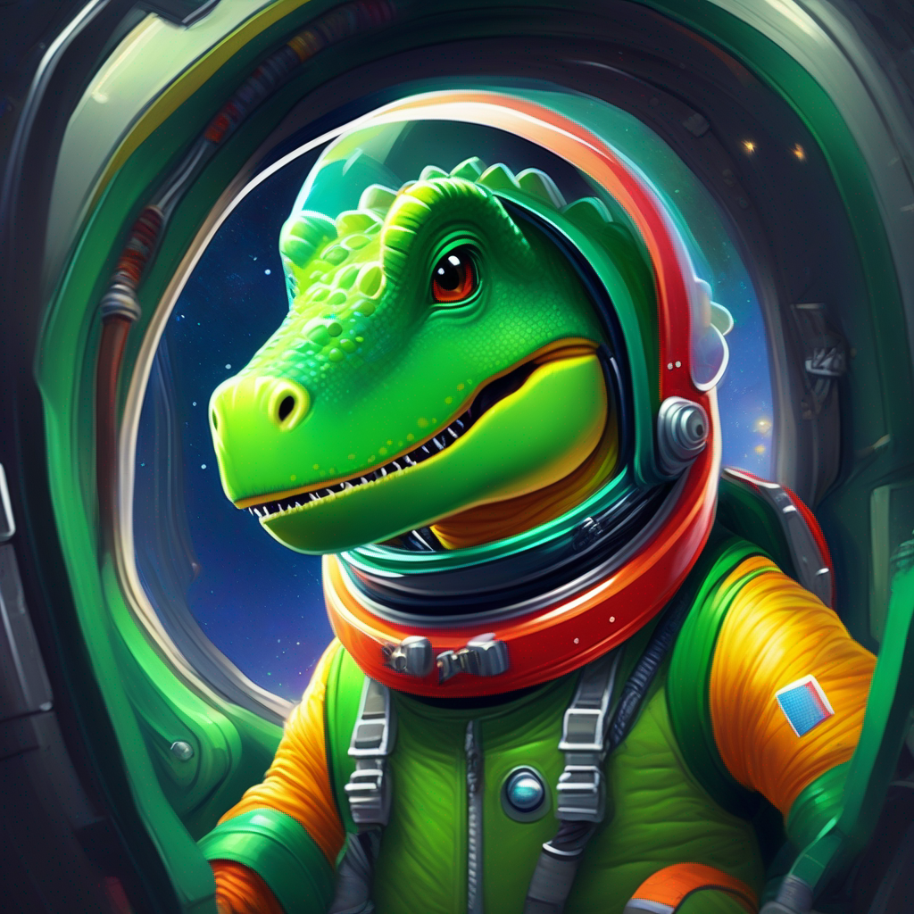 Green dinosaur with a colorful space helmet. inside the rocket, ready for takeoff.