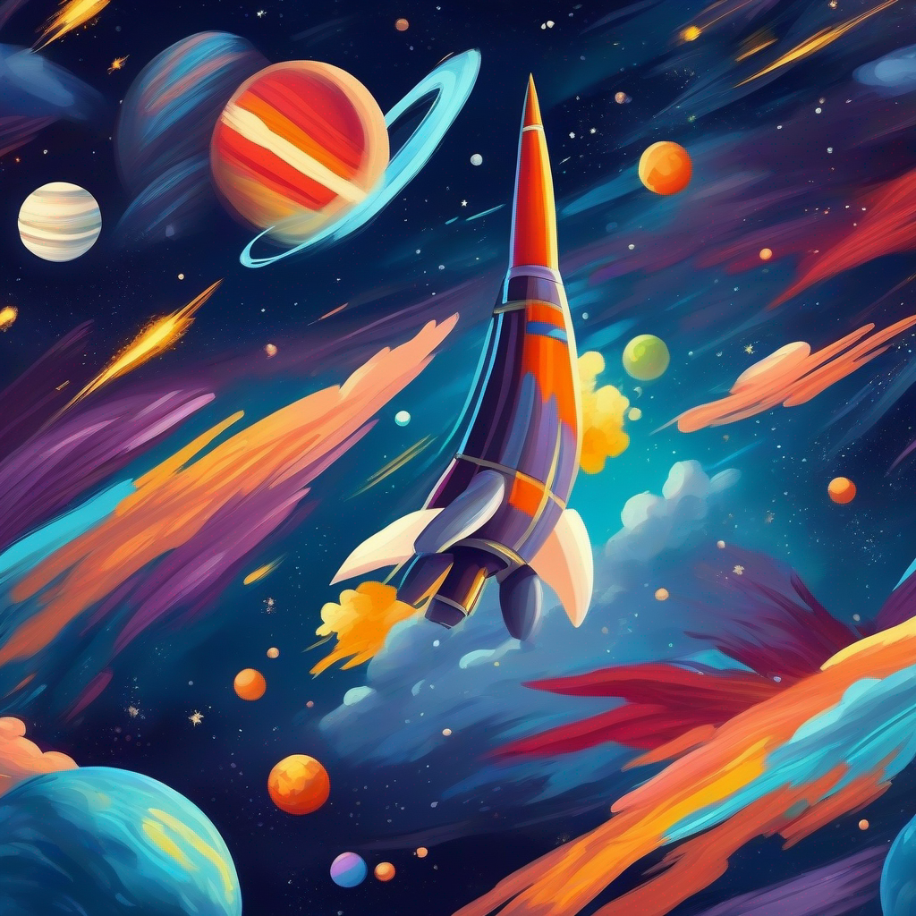 Rocket soaring among the stars and planets.