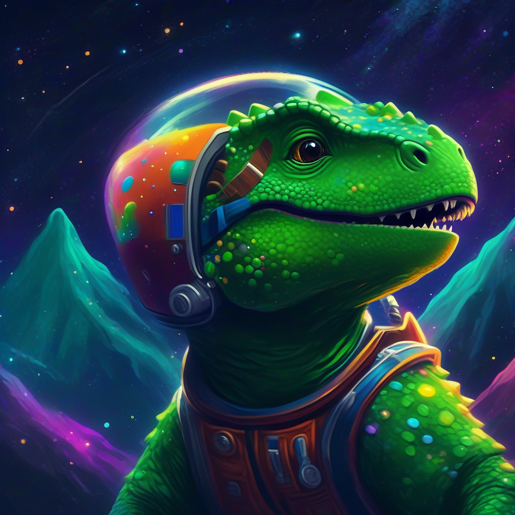 Green dinosaur with a colorful space helmet. wide-eyed, watching colorful meteors streaking across the dark sky.