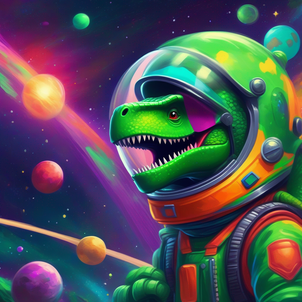 Green dinosaur with a colorful space helmet. focused, maneuvering the rocket towards a colorful planet.