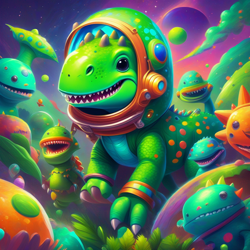 Green dinosaur with a colorful space helmet. surrounded by smiling aliens on a vibrant planet.