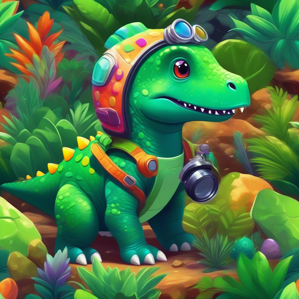 Green dinosaur with a colorful space helmet. with a magnifying glass, examining colorful plants and rocks.