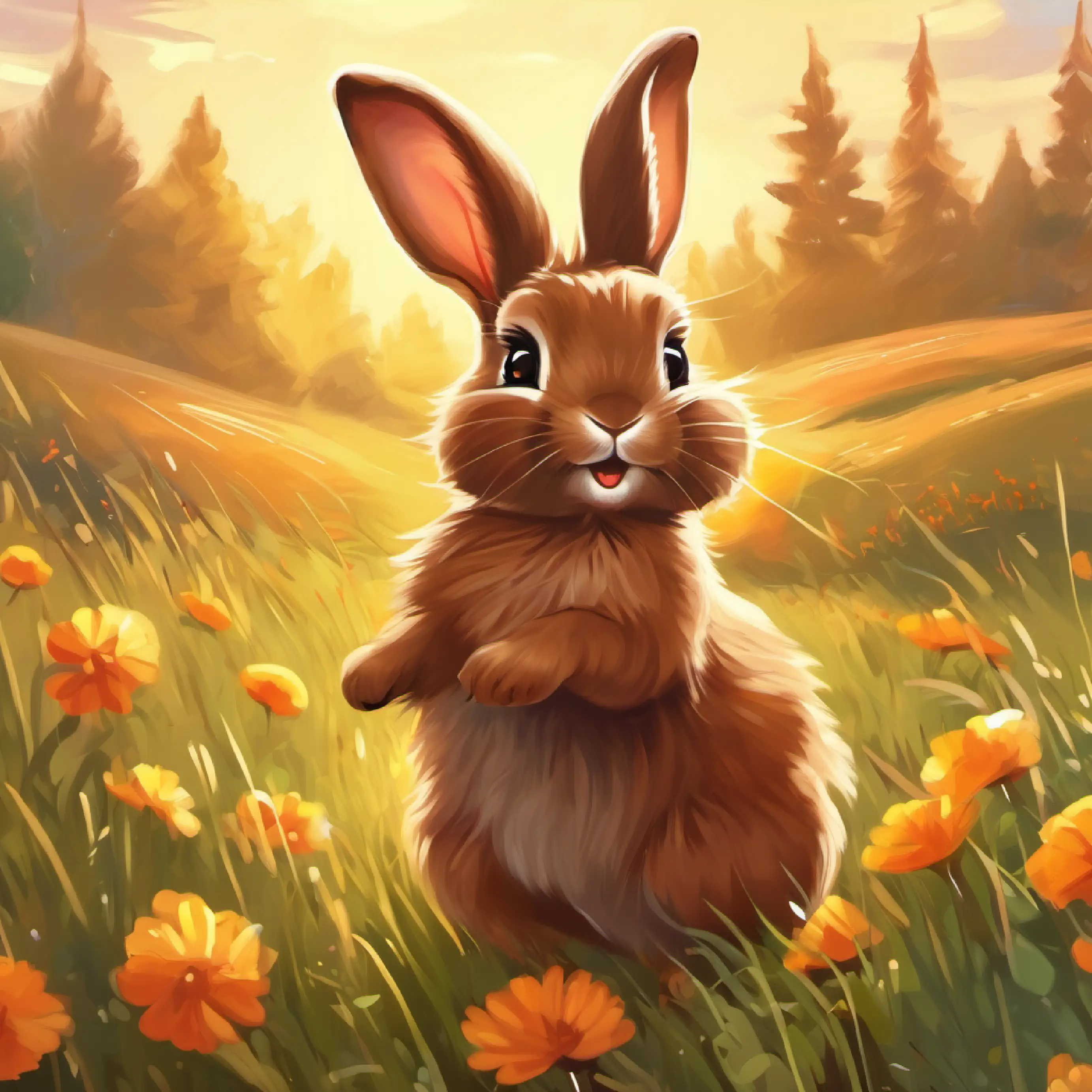 A brown bunny with a fluffy tail, bright eyes, a brown bunny, bounces in a sunny meadow.