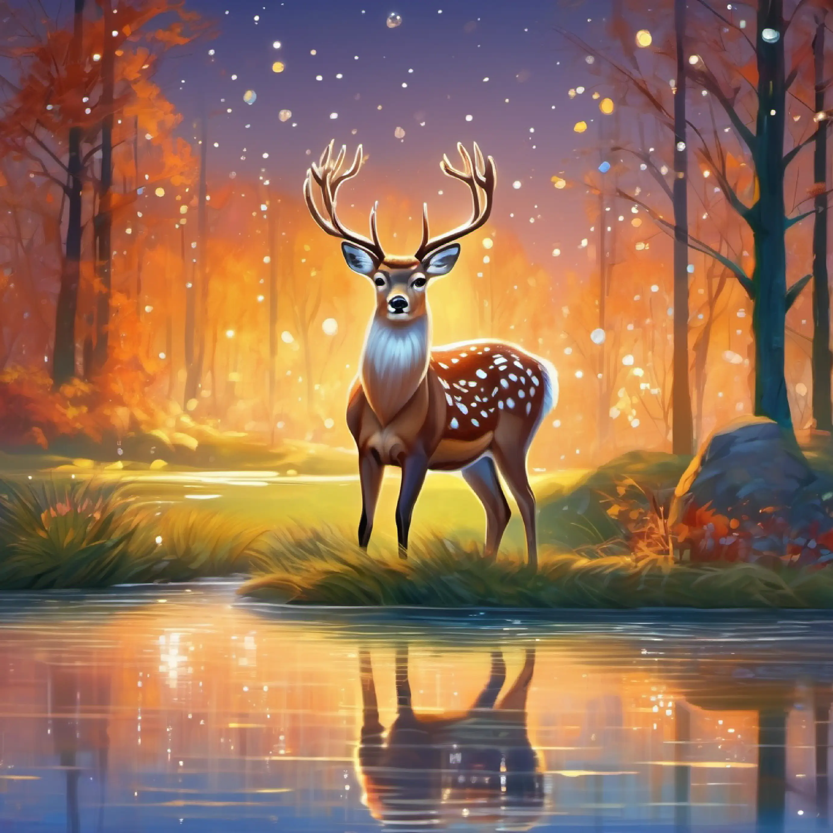 A graceful deer with soft fur, kind eyes, a graceful deer, drinks water at the sparkling pond.