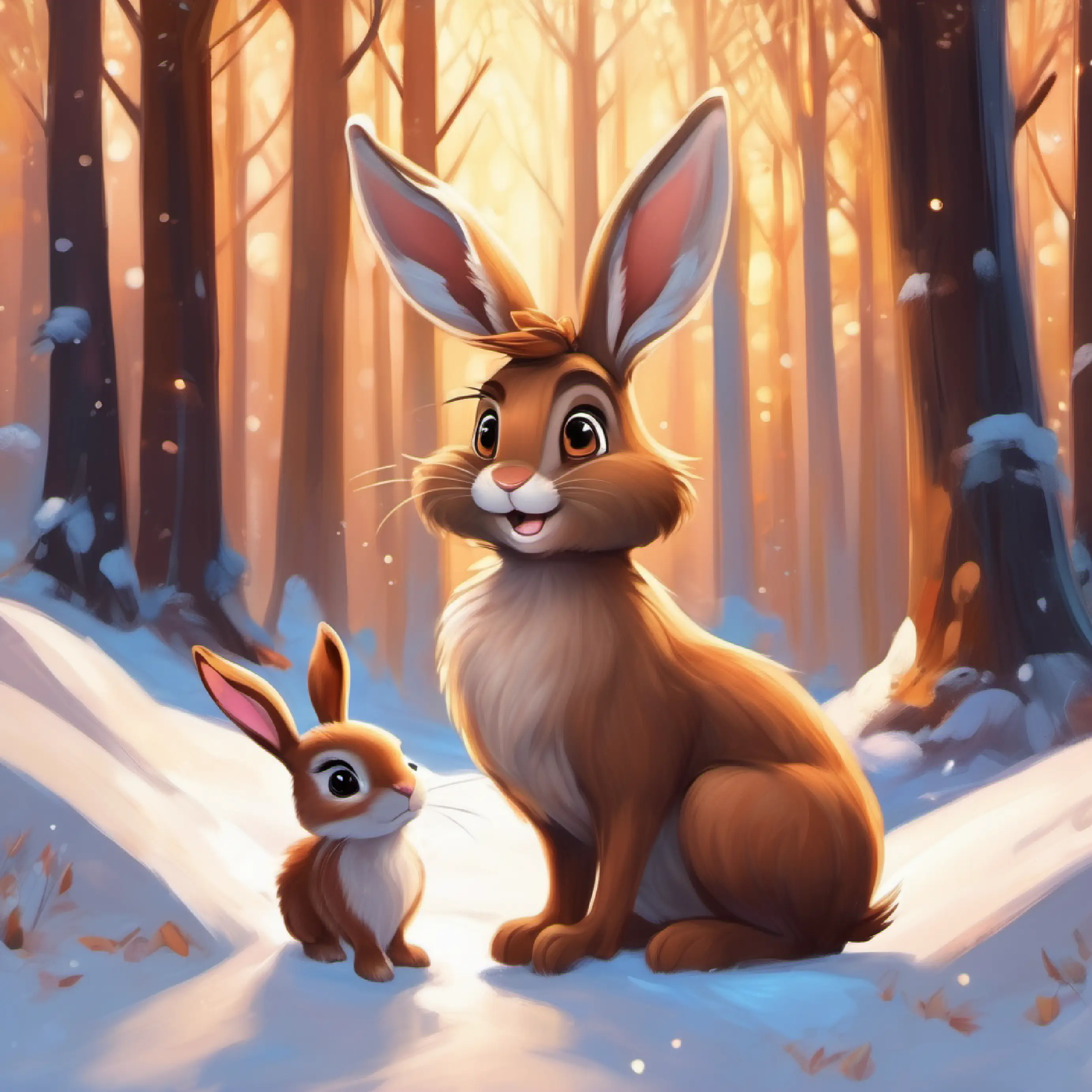 A brown bunny with a fluffy tail, bright eyes says shy hello to A graceful deer with soft fur, kind eyes who warmly invites her to play.