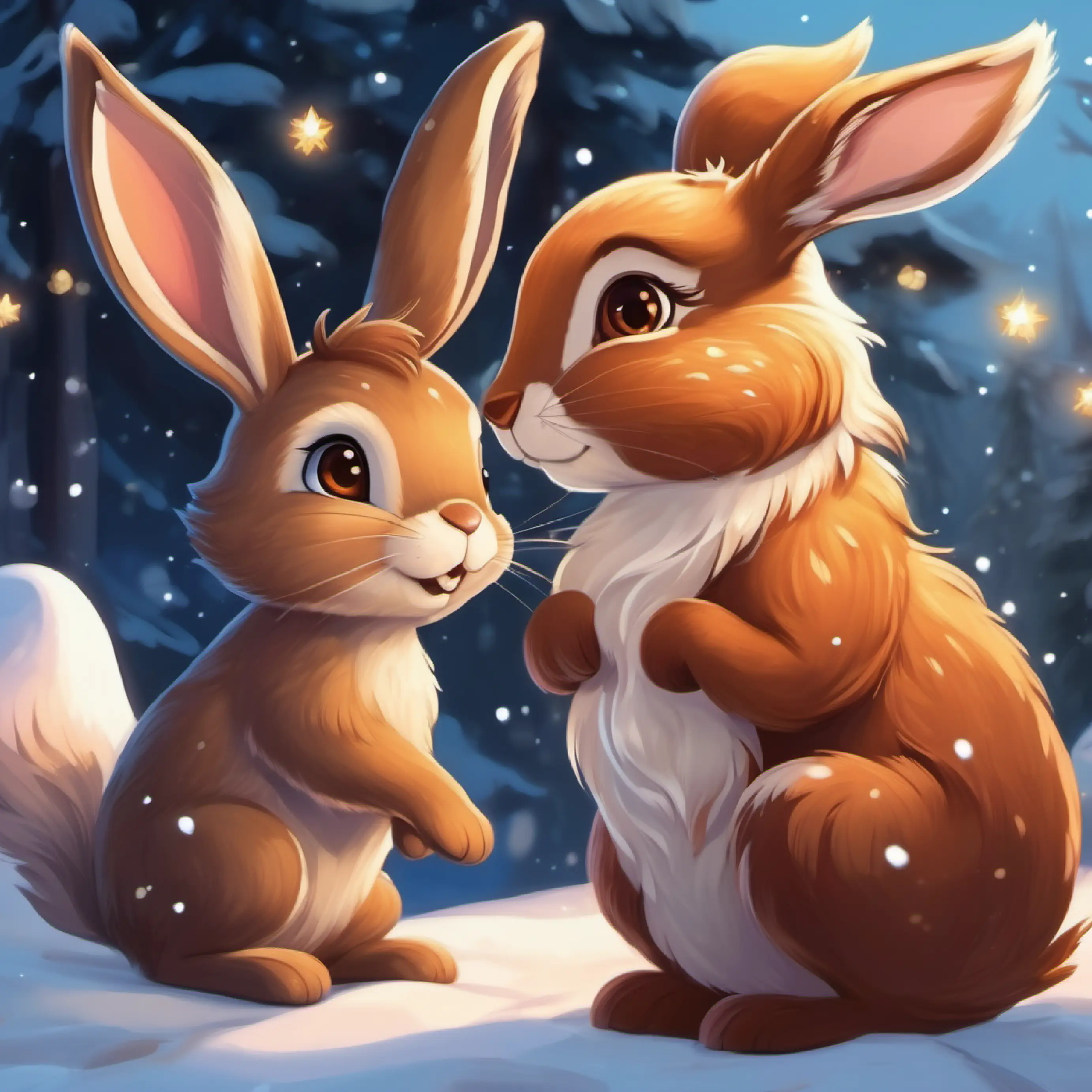 A brown bunny with a fluffy tail, bright eyes and A graceful deer with soft fur, kind eyes play, laugh, and become best friends.