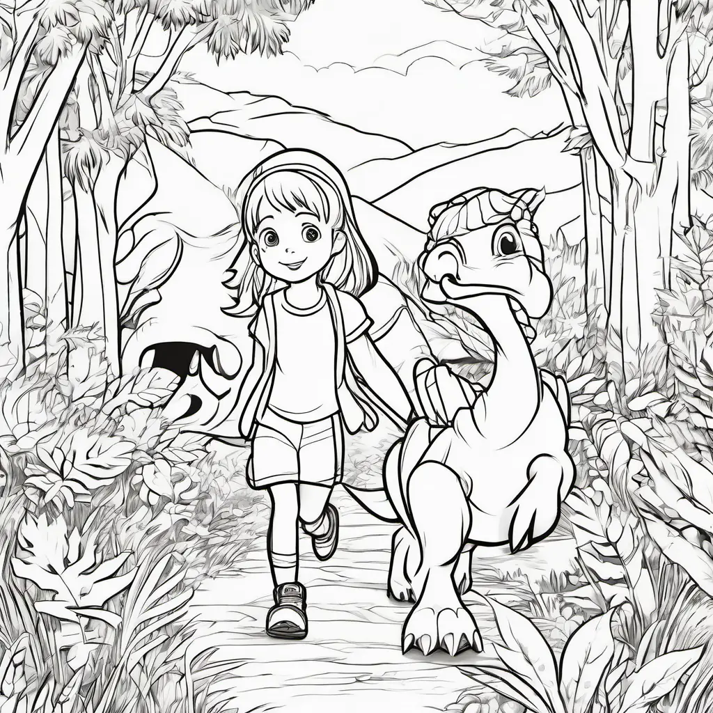 Lilli and the dinosaur become friends, exploring and playing in the forest. Setting: joyful forest.