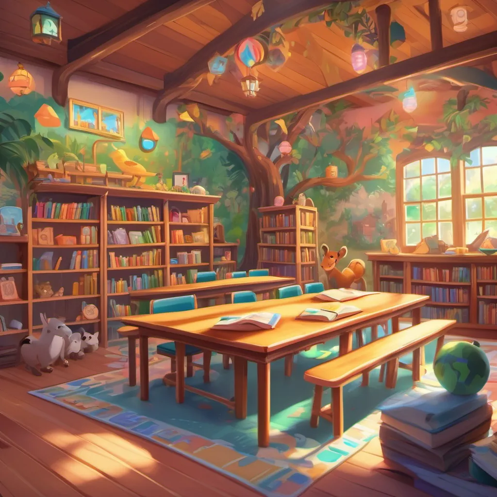 A vibrant classroom with colorful walls, a mural of a magical zoo, and neatly arranged desks with school supplies.