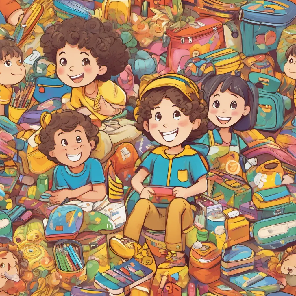 A cheerful young girl with bright eyes and curly hair, filled with curiosity and excitement showing a yellow pencil to A playful boy with squeaky sneakers and an energetic personality, while A happy girl with bouncy braids and a cheerful smile and A creative boy with a bee-shaped lunchbox, full of great ideas and enthusiasm look at colorful crayons in awe.
